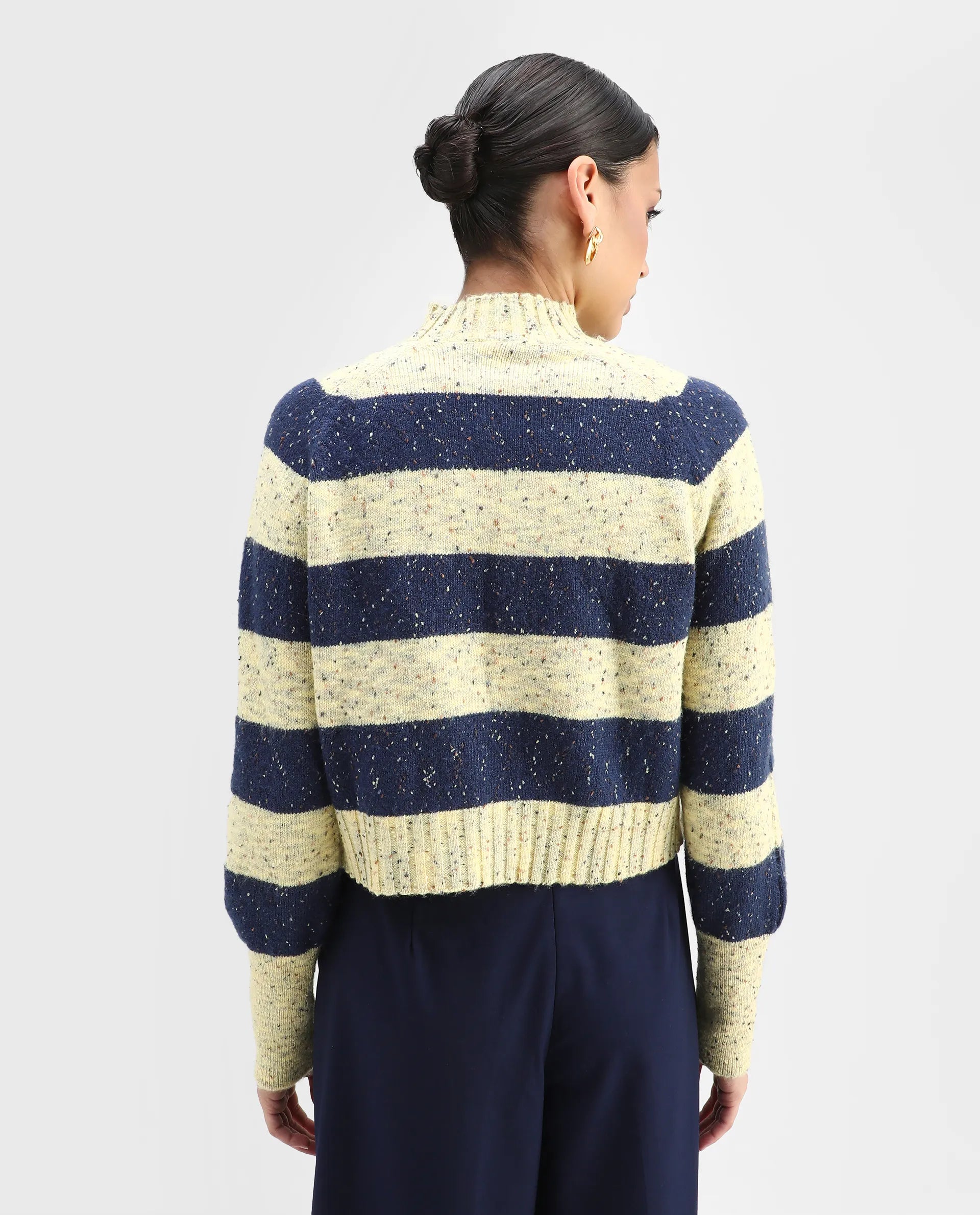 Rareism Women's Kris Light Yellow Acrylic Blend High Neck Striped Relaxed Fit Sweater