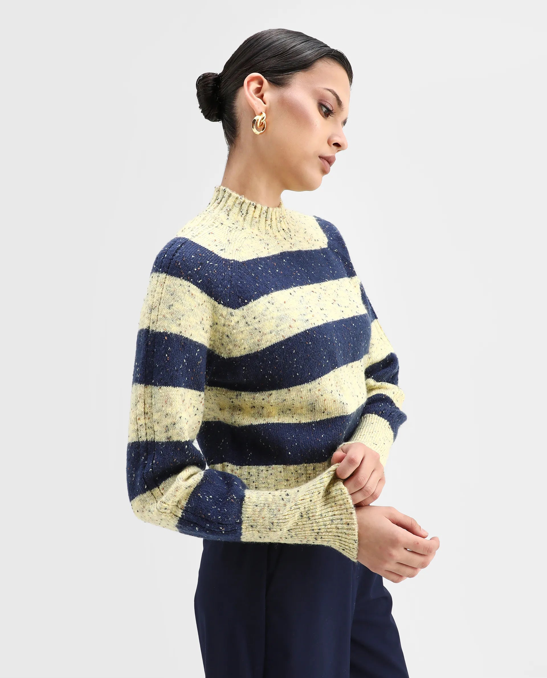 Rareism Women's Kris Light Yellow Acrylic Blend High Neck Striped Relaxed Fit Sweater