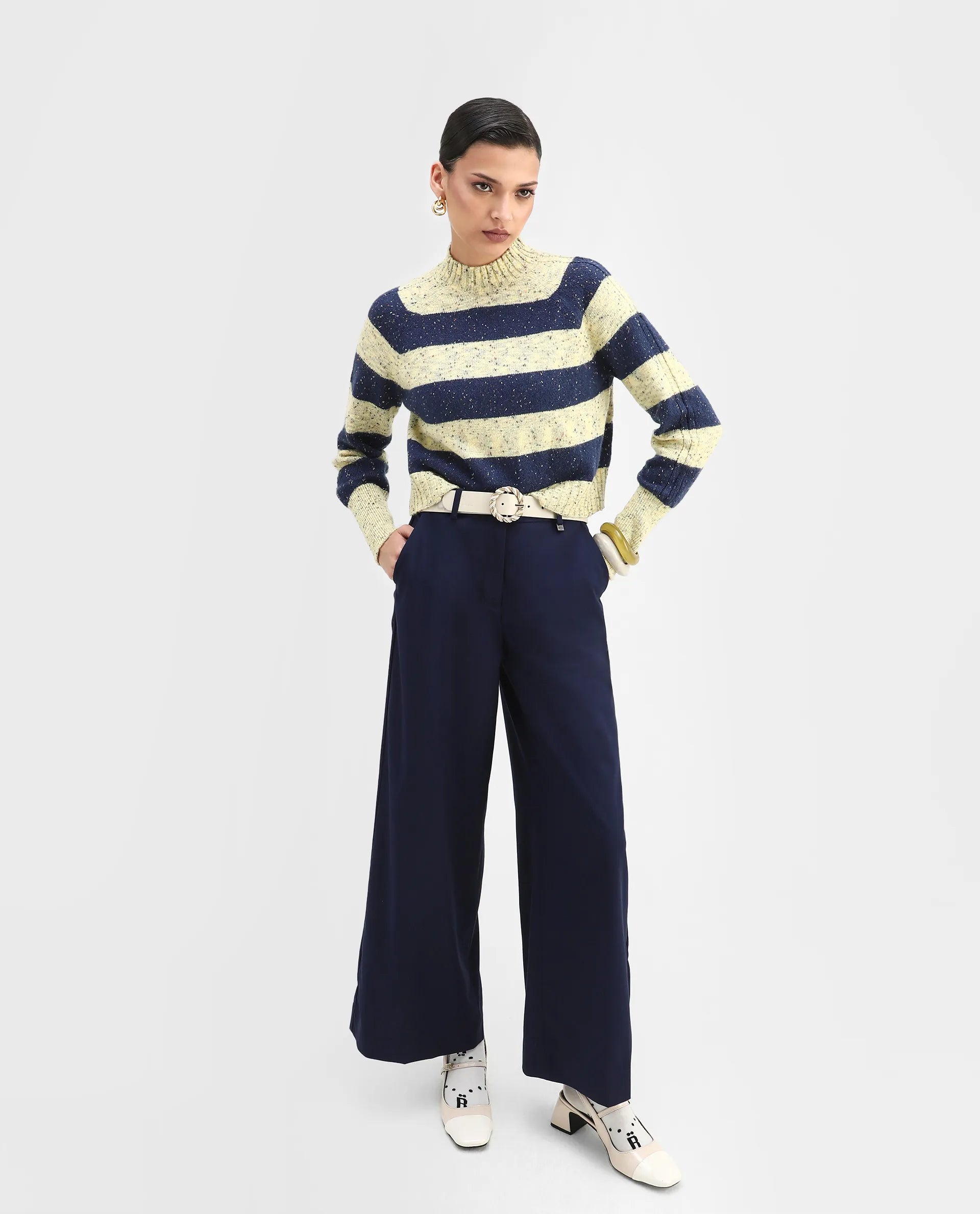 Rareism Women's Kris Light Yellow Acrylic Blend High Neck Striped Relaxed Fit Sweater