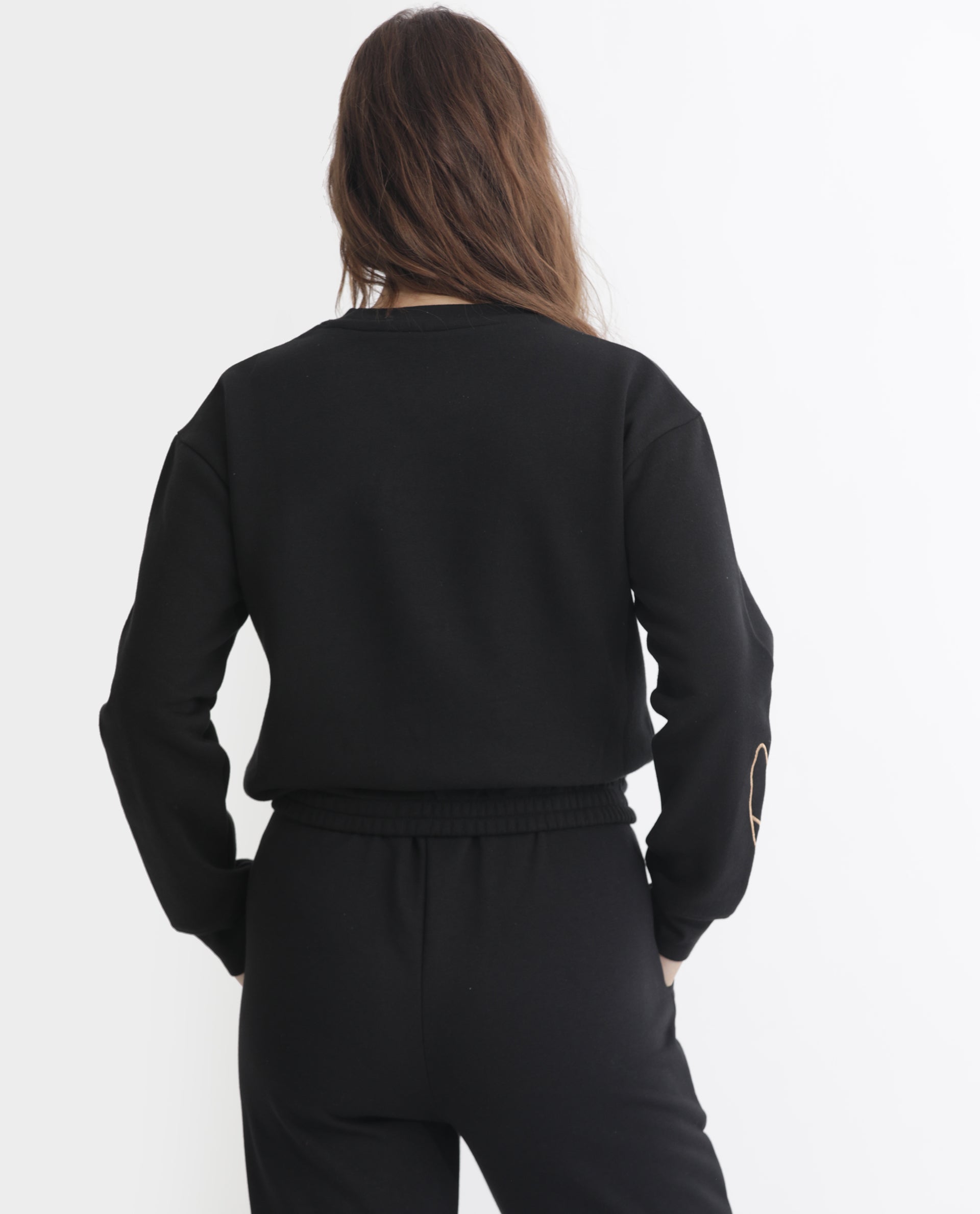 Rareism Women Krok Black Poly Cotton Fabric Regular Fit Full Sleeves Embroidered Round Neck Sweatshirt