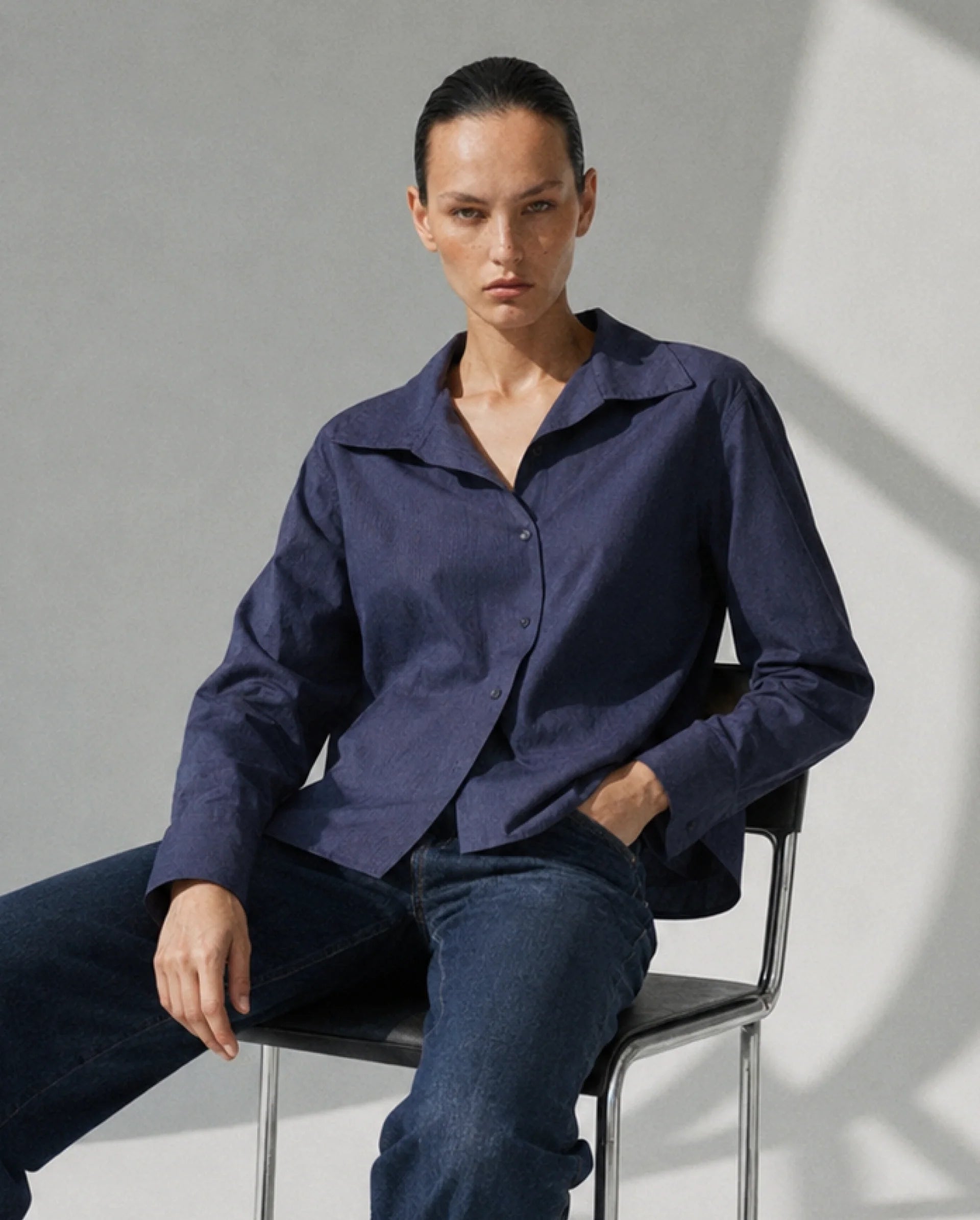 Rareism Women's Krome Blue Cotton Spread Collar Relaxed Striped Shirt