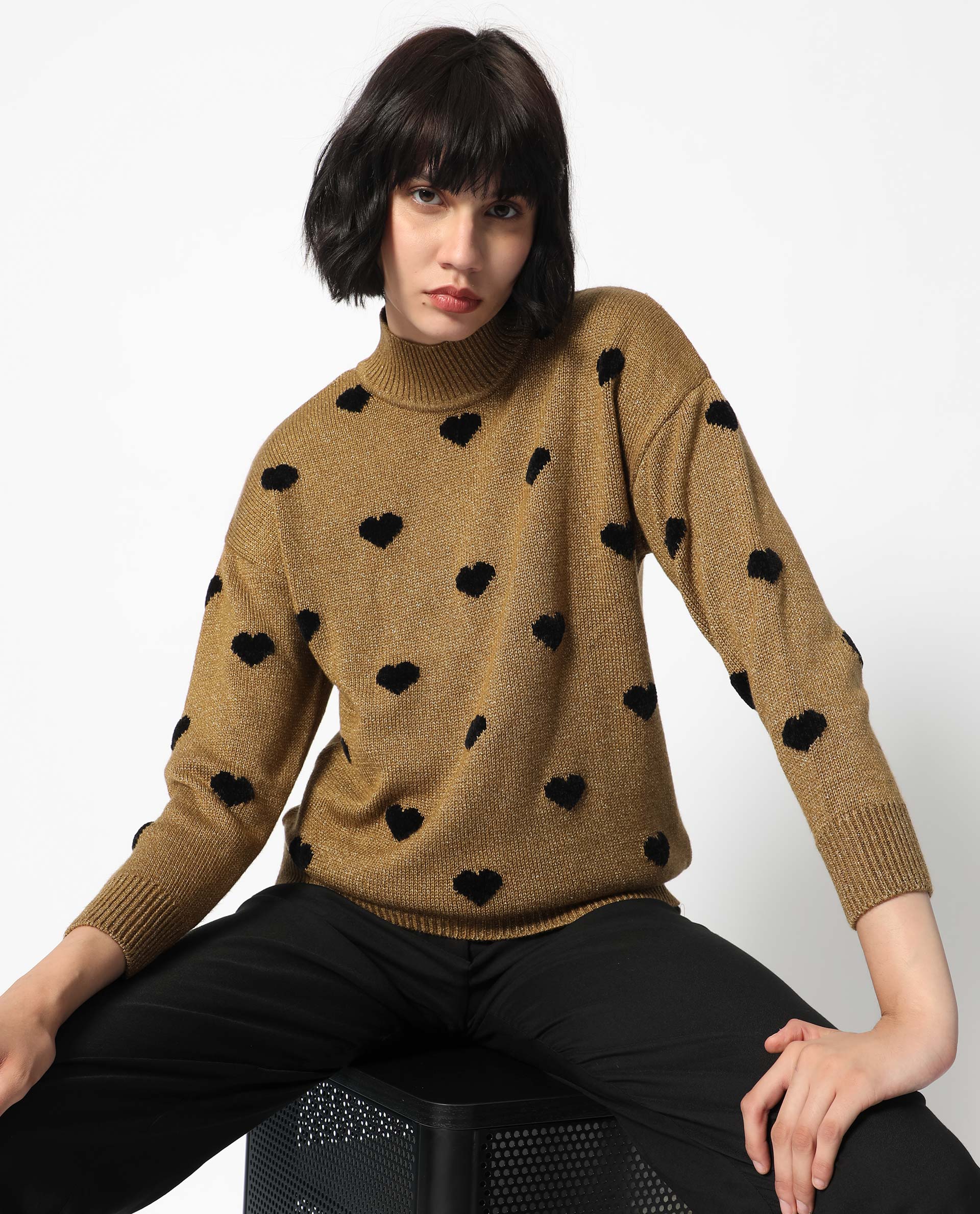 Rareism Women's Kuhret Gold Acrylic High Neck Geometric Print Regular Fit Sweater
