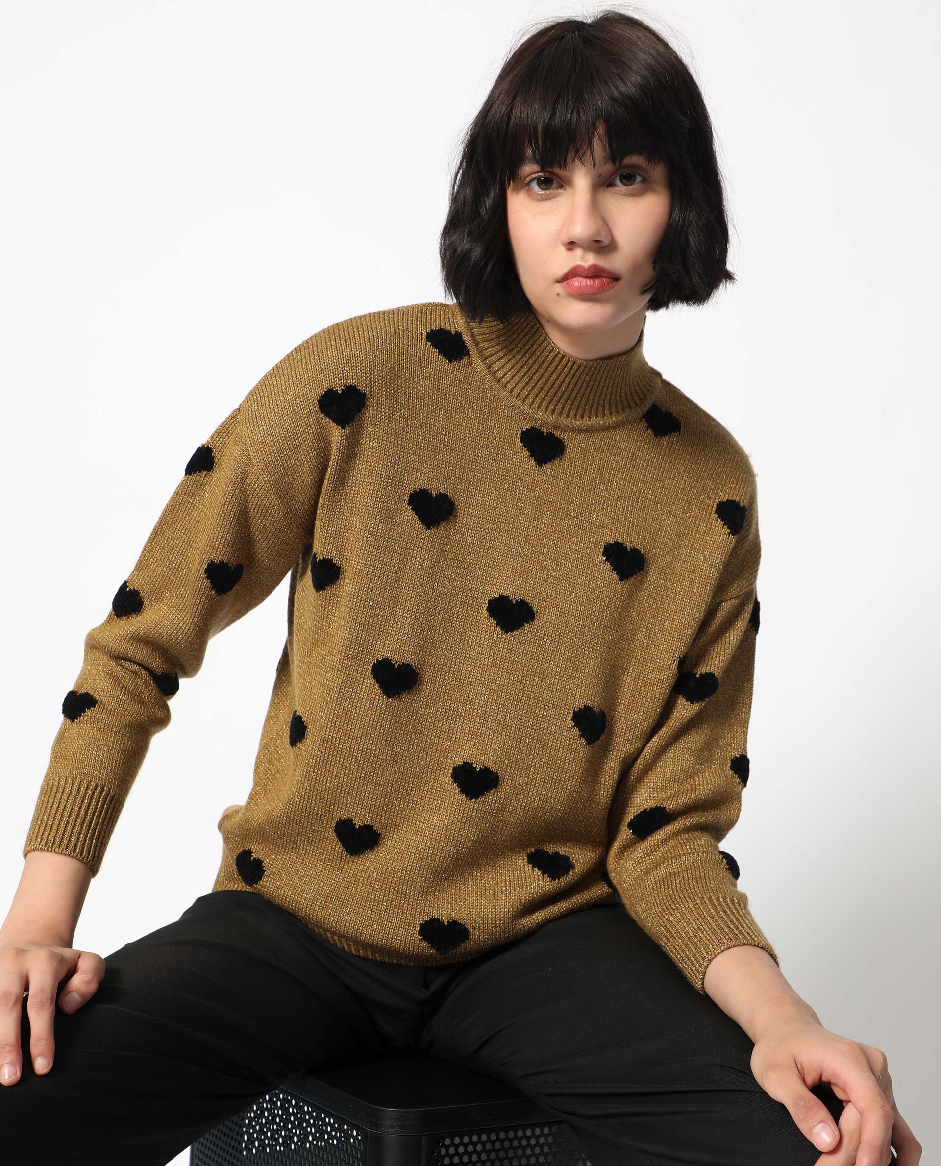 Rareism Women's Kuhret Gold Acrylic High Neck Geometric Print Regular Fit Sweater