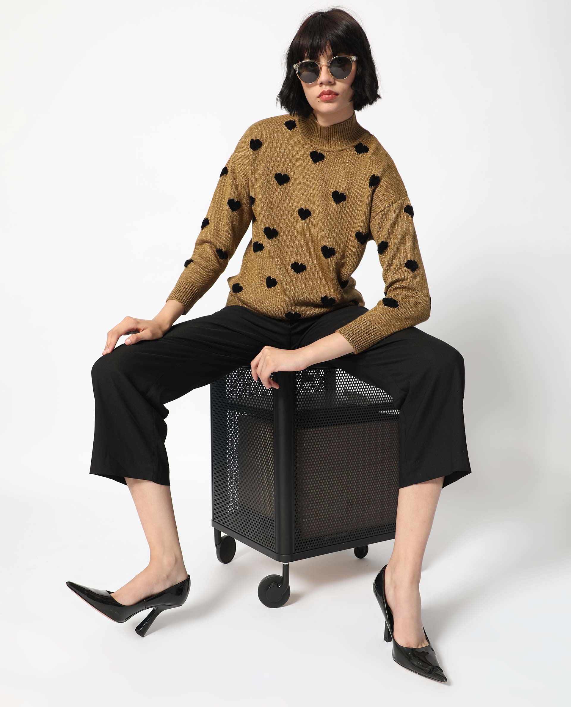 Rareism Women's Kuhret Gold Acrylic High Neck Geometric Print Regular Fit Sweater