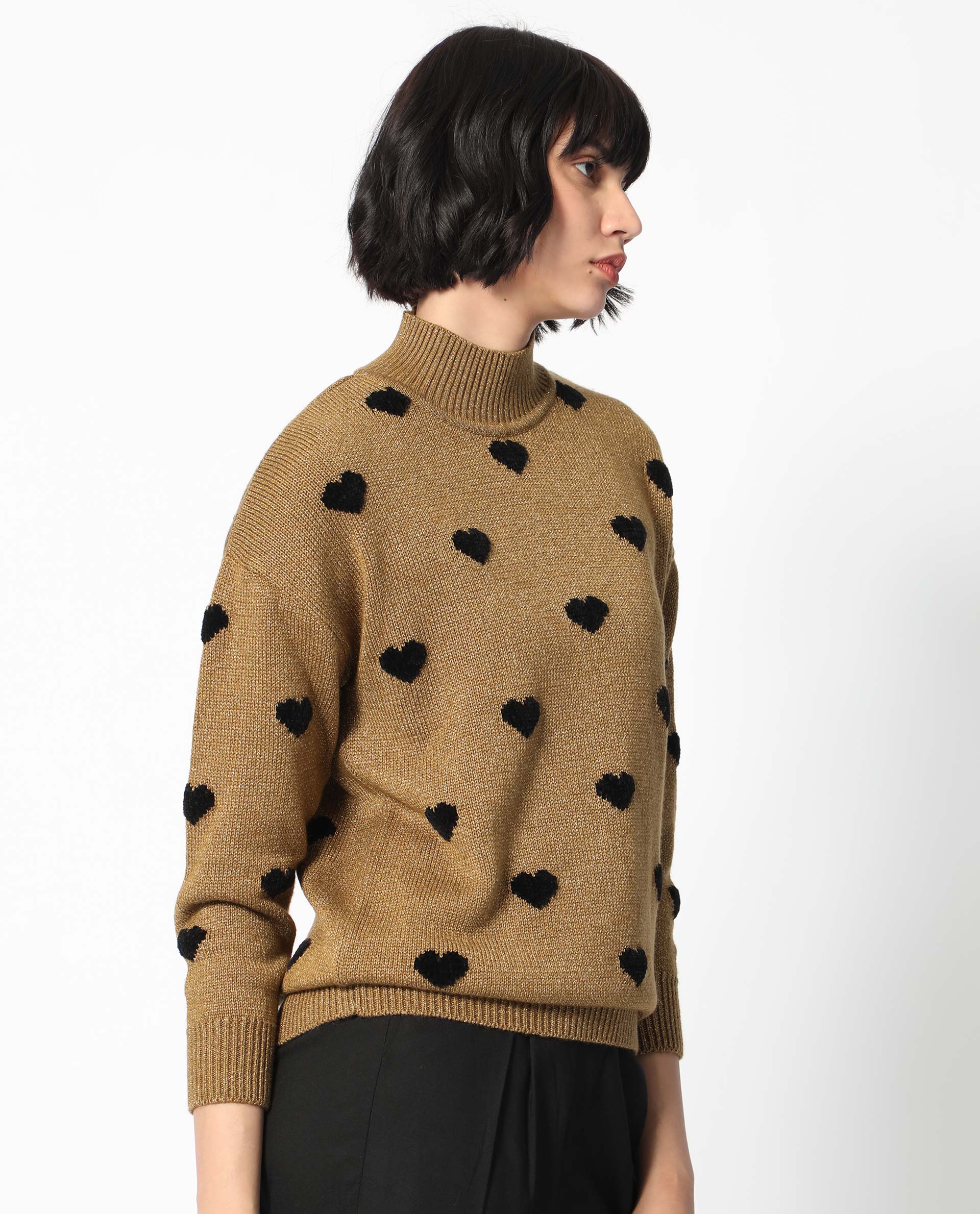 Rareism Women's Kuhret Gold Acrylic High Neck Geometric Print Regular Fit Sweater