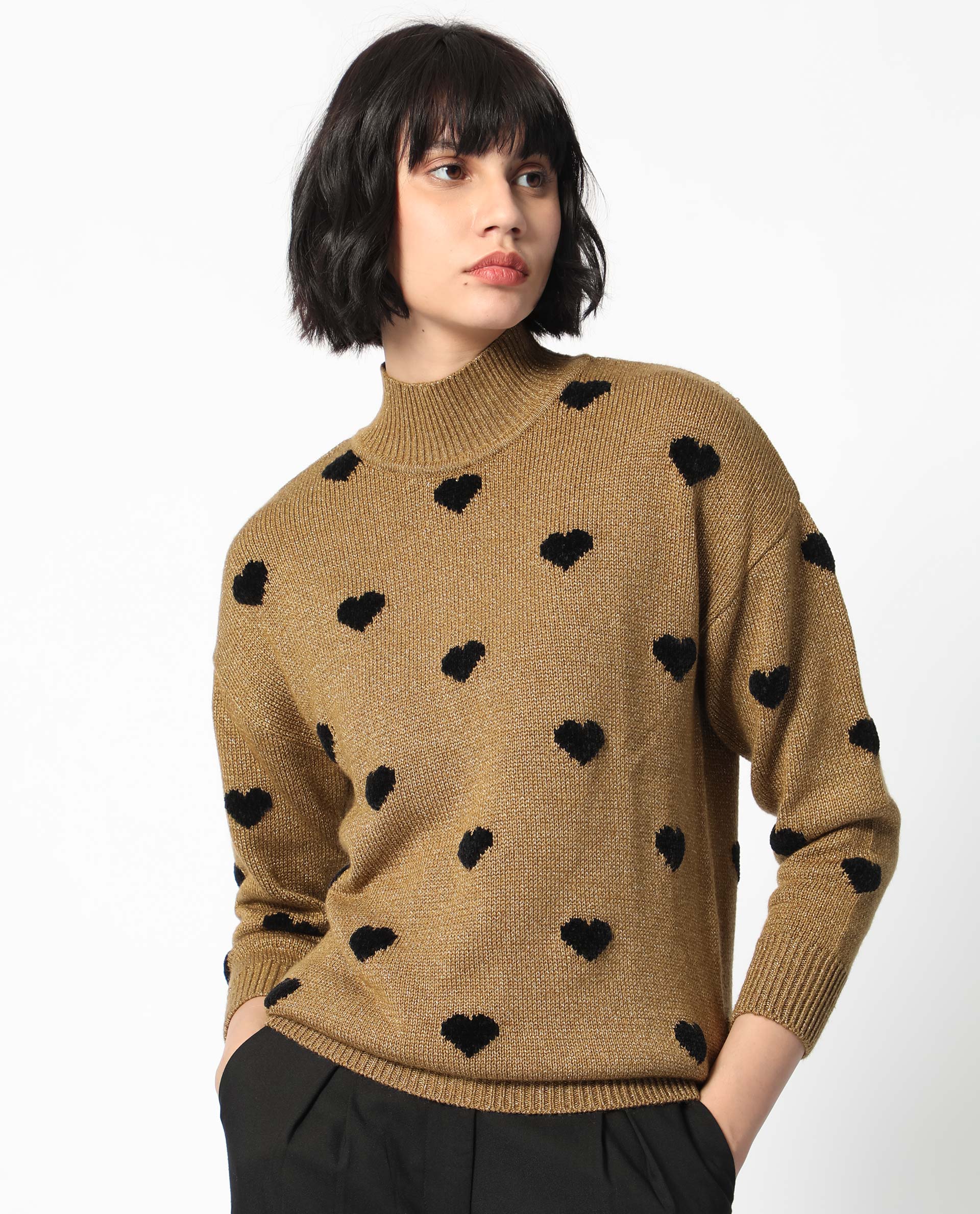 Rareism Women Kuhret Gold Acrylic Fabric Full Sleeves High Neck Regular Fit Geometric Print Sweater