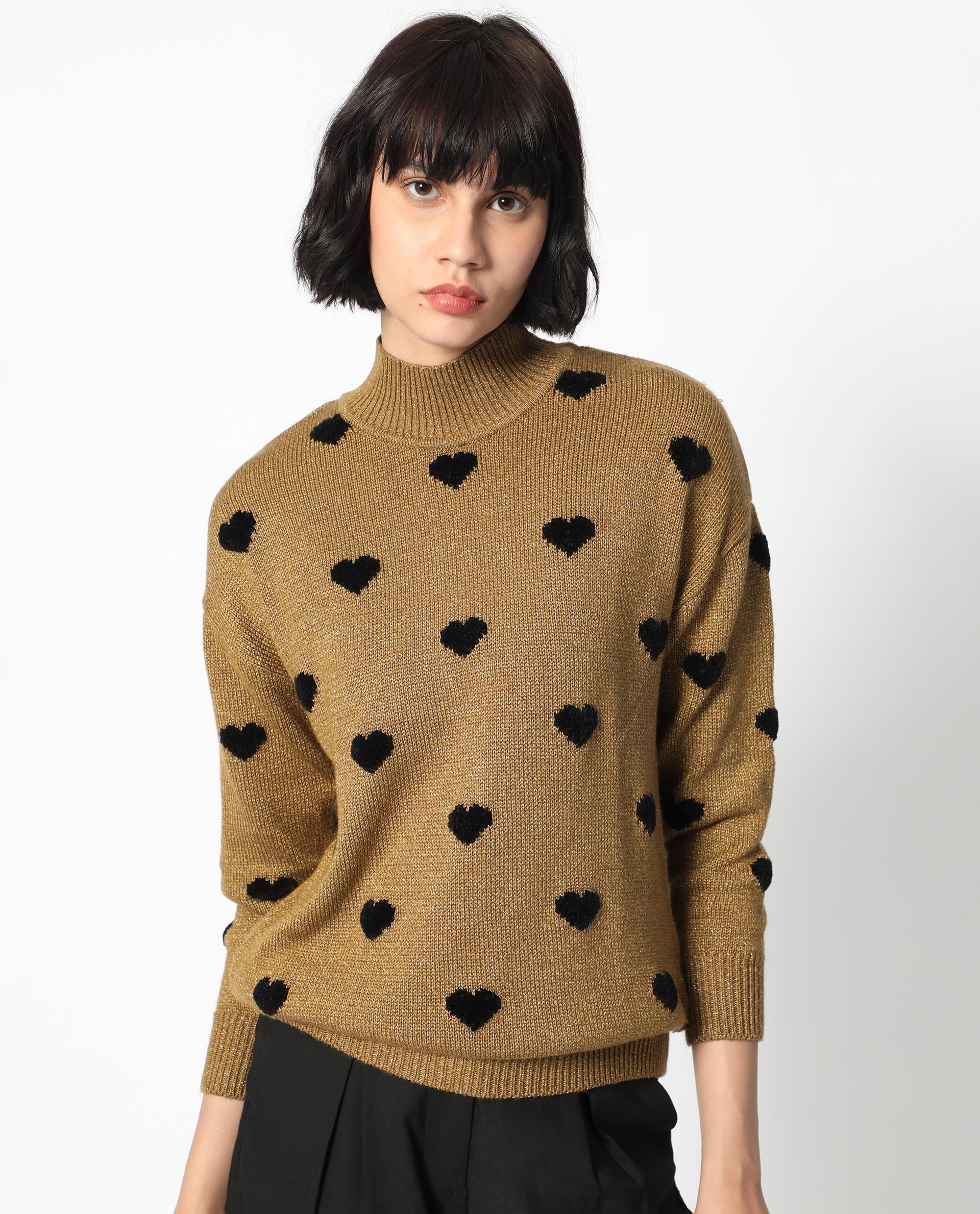 Rareism Women Kuhret Gold Acrylic Fabric Full Sleeves High Neck Regular Fit Geometric Print Sweater