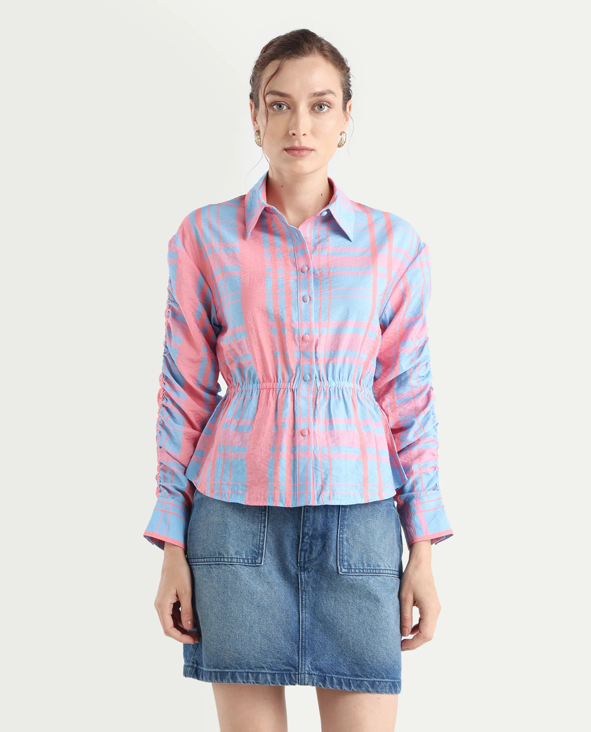 Rareism Women's Kulda Light Blue Nylon Blend Spread Collar Flannel Print Cuffed Sleeve Regular Fit Top