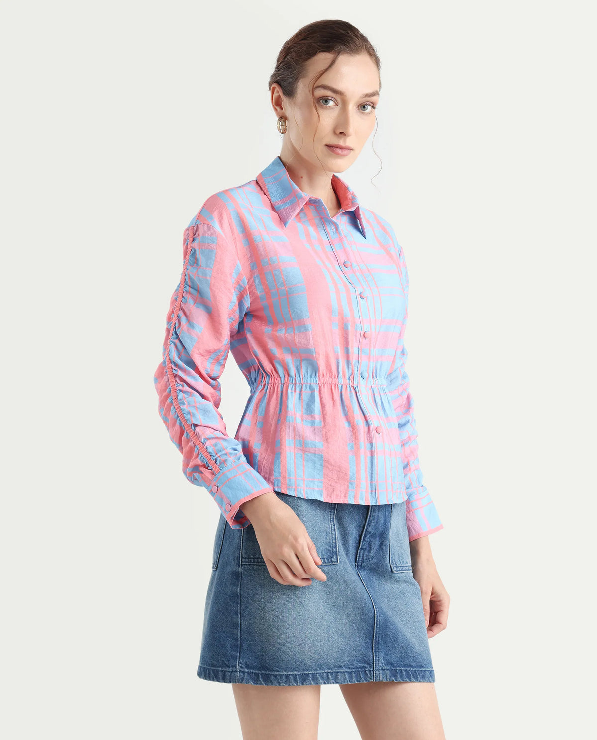 Rareism Women's Kulda Light Blue Nylon Blend Spread Collar Flannel Print Cuffed Sleeve Regular Fit Top