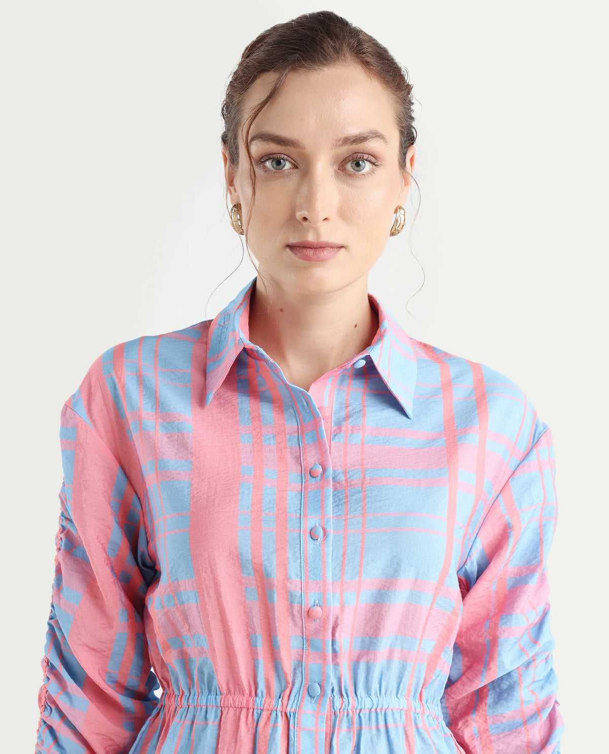 Rareism Women's Kulda Light Blue Nylon Blend Spread Collar Flannel Print Cuffed Sleeve Regular Fit Top