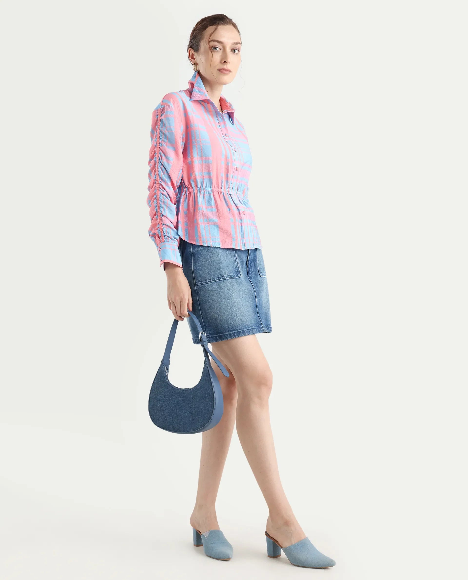 Rareism Women's Kulda Light Blue Nylon Blend Spread Collar Flannel Print Cuffed Sleeve Regular Fit Top