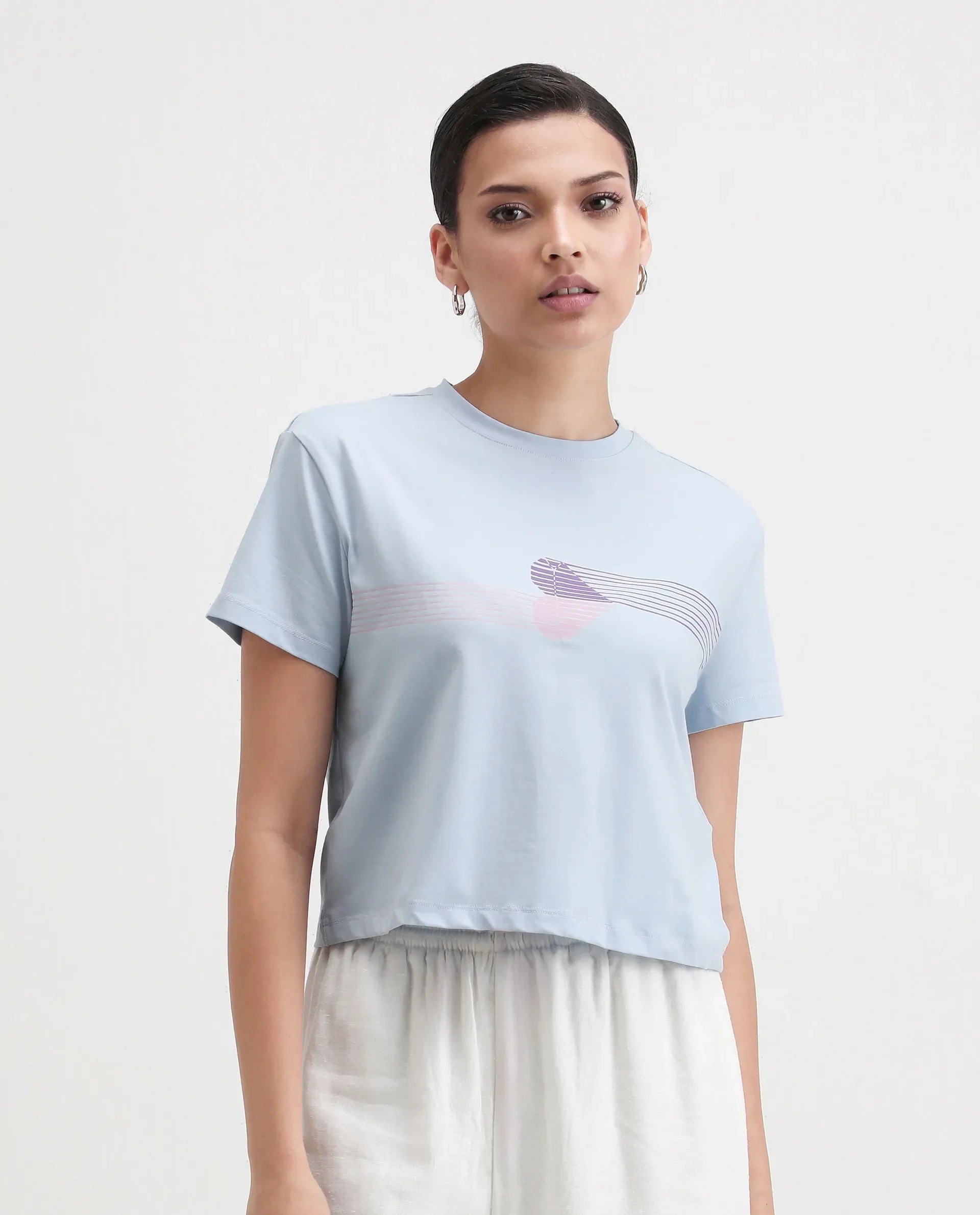 Rareism Women's Kuncro Light Blue Cotton Blend Crew Neck Graphic Print Crop Regular Fit T-Shirt
