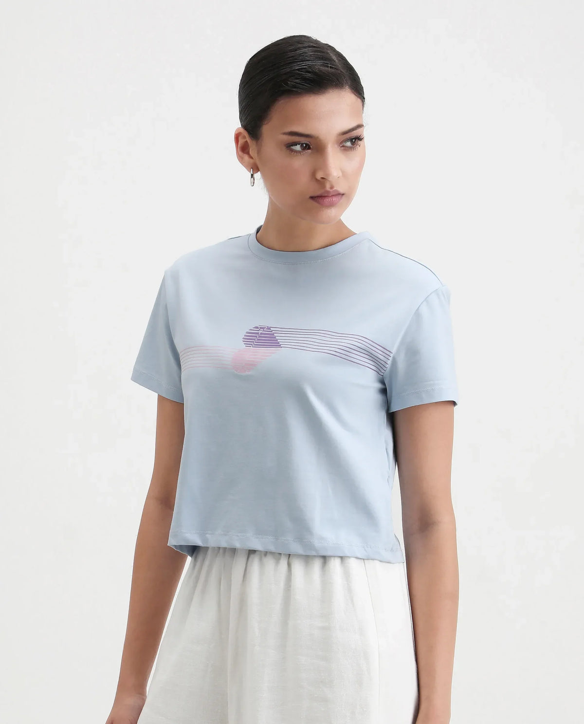 Rareism Women's Kuncro Light Blue Cotton Blend Crew Neck Graphic Print Crop Regular Fit T-Shirt