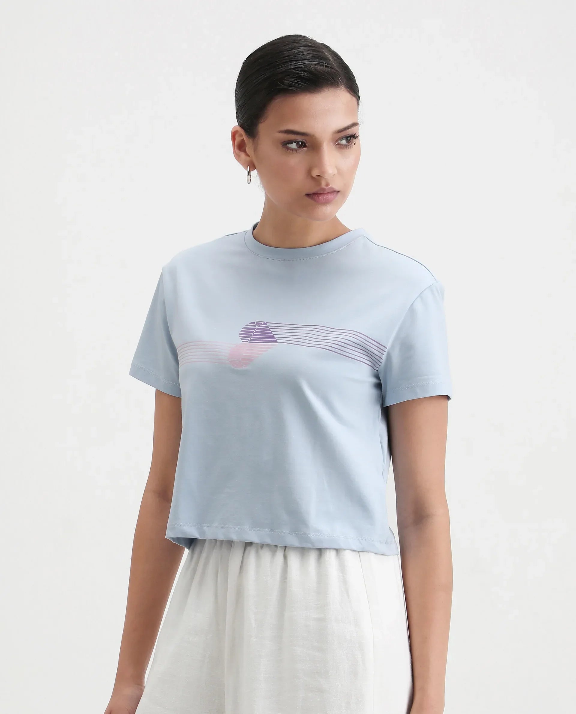 Rareism Women's Kuncro Light Blue Cotton Blend Crew Neck Graphic Print Crop Regular Fit T-Shirt
