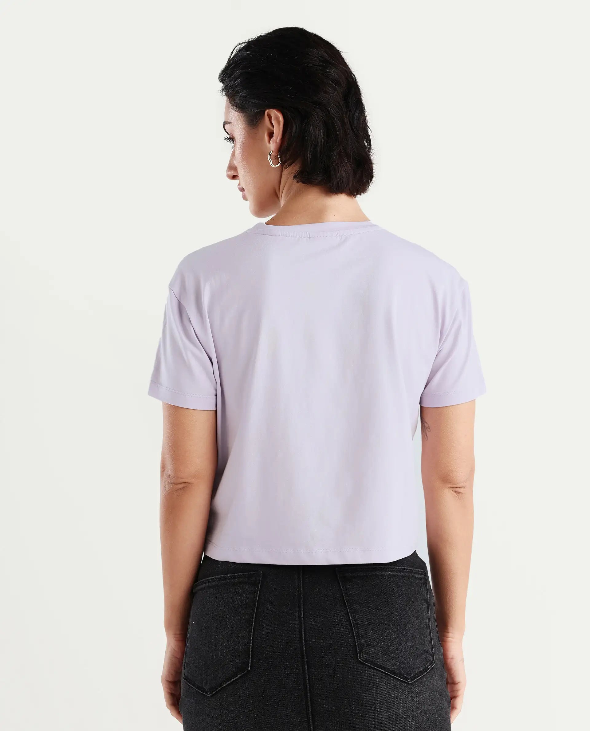 Rareism Women's Kuncro Pastel Purple Cotton Blend Crew Neck Graphic Print Crop Regular Fit T-Shirt