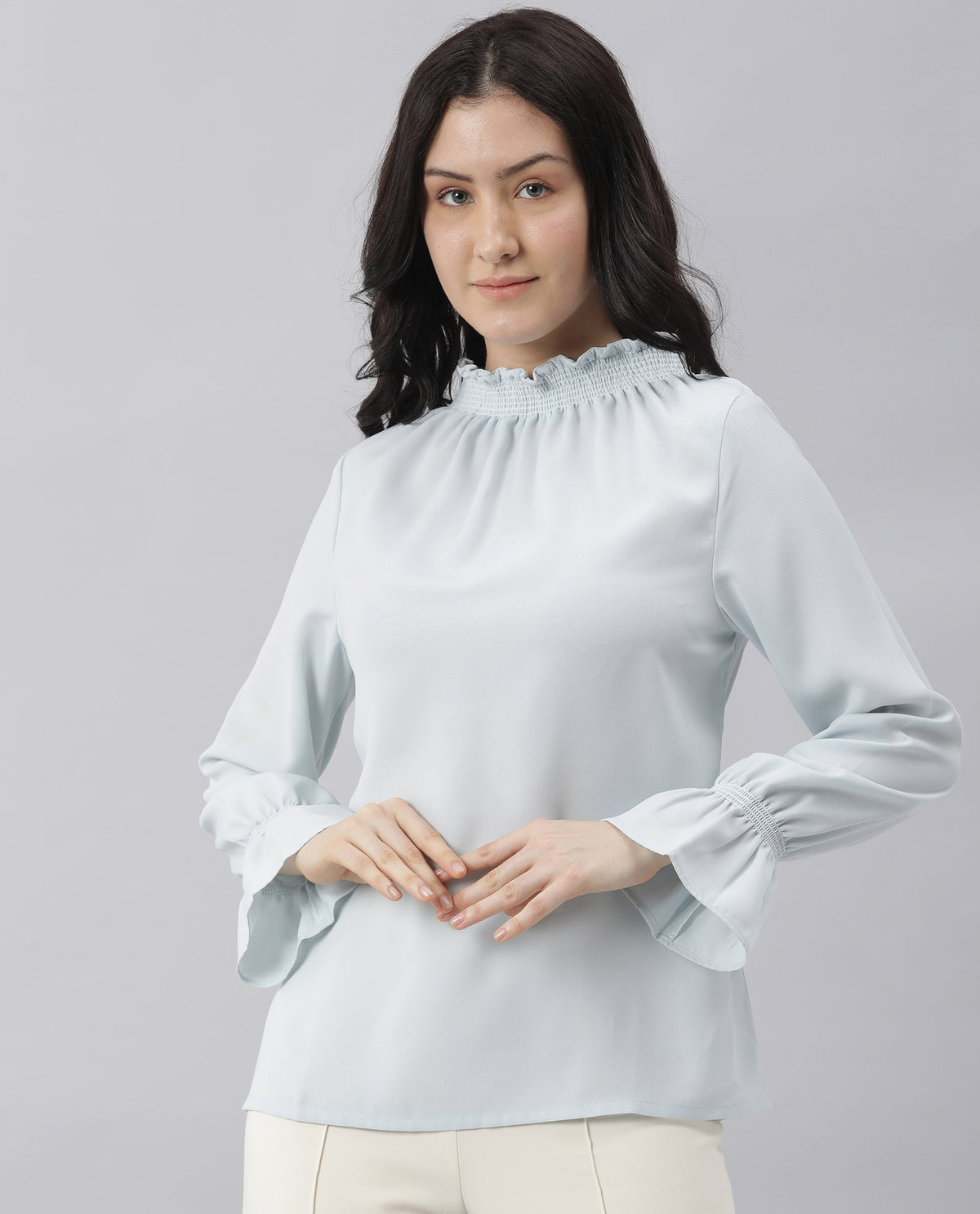 Rareism Womens Kusho Blue Top Viscose Fabric Relaxed Fit Full Sleeve High Neck