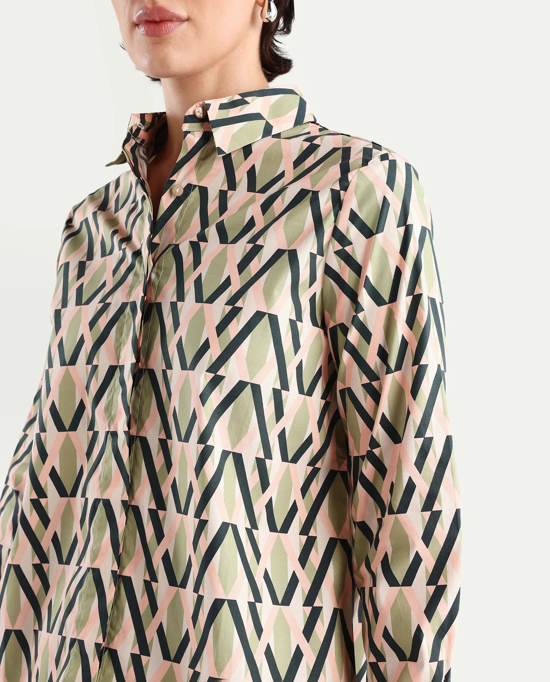 Rareism Women's Kuvin Multi Poplin Lycra Drop Collar Geometric Print Cuffed Sleeve Regular Fit Top