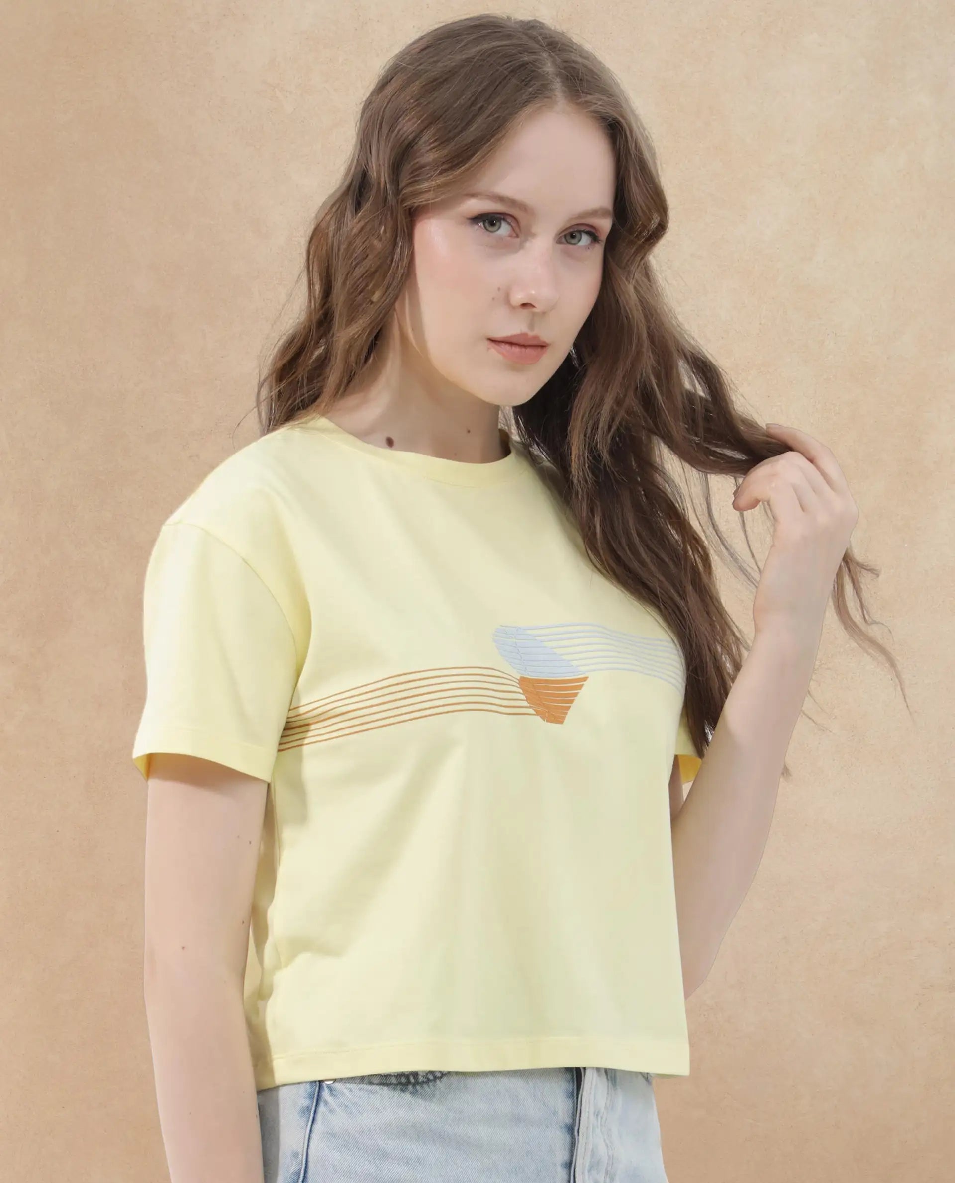Rareism Women's Kuncro Yellow Cotton Blend Crew Neck Graphic Print Crop Regular Fit T-Shirt