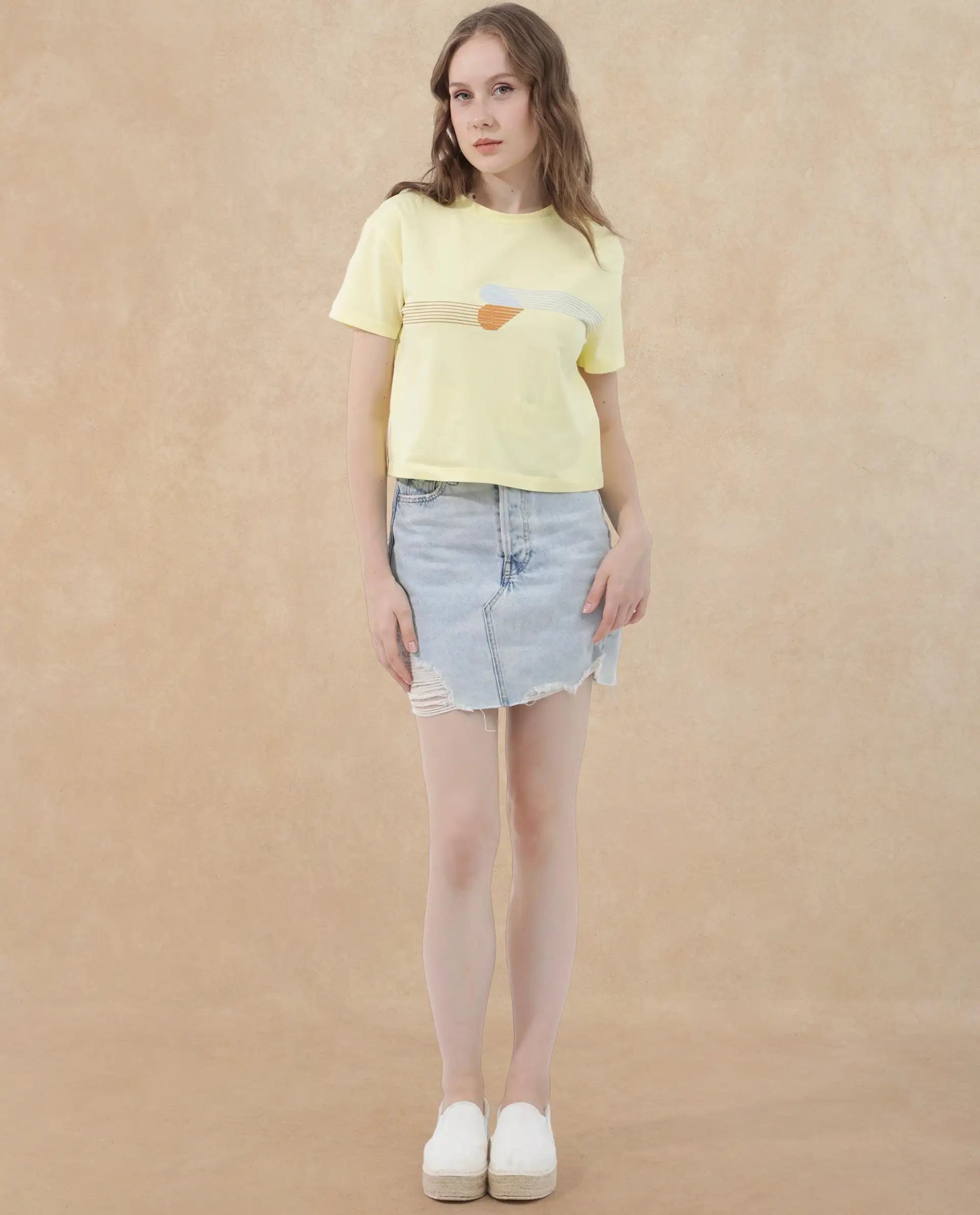 Rareism Women Kuncro Yellow Cotton Elastane Fabric Crew Neck Knit Solid T-Shirt