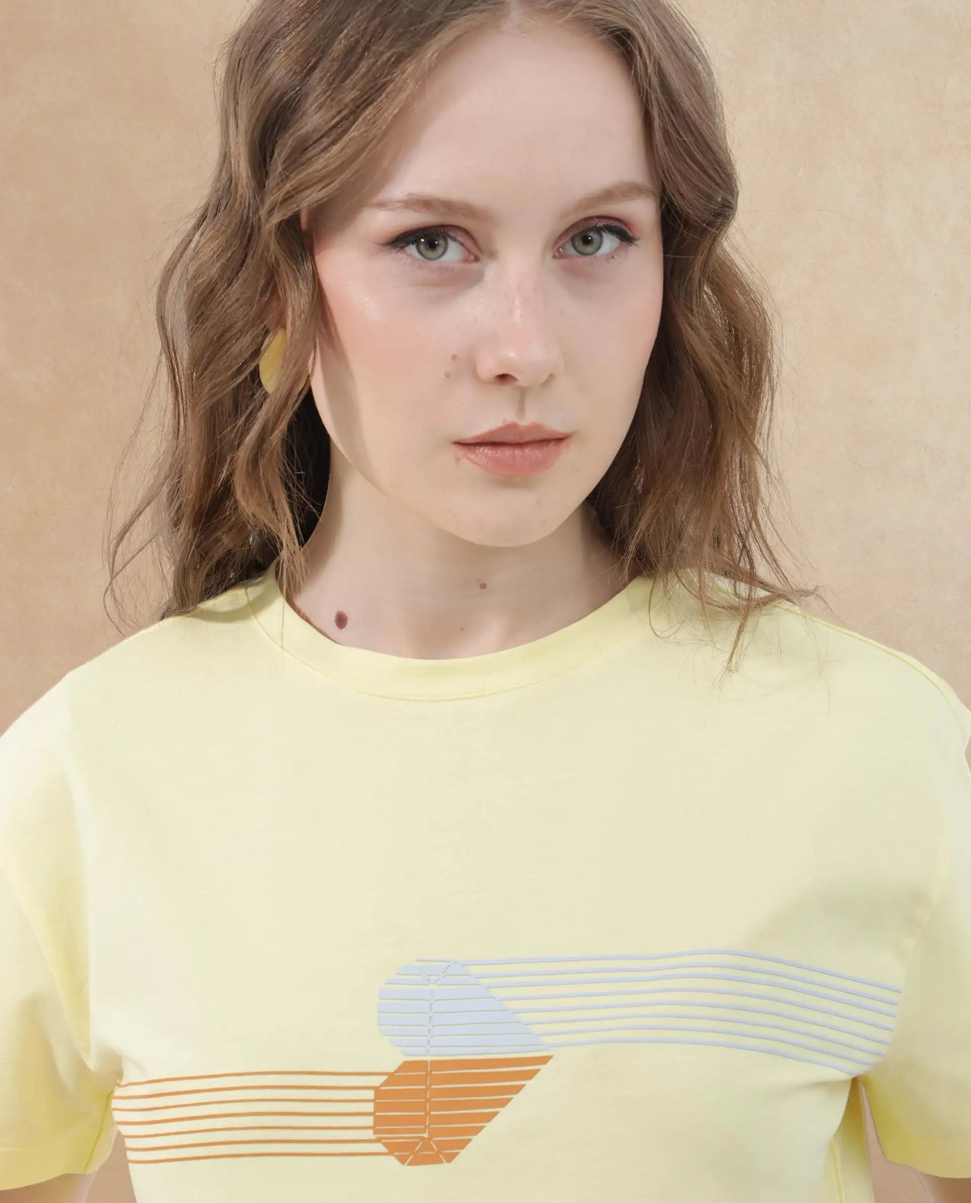Rareism Women's Kuncro Yellow Cotton Blend Crew Neck Graphic Print Crop Regular Fit T-Shirt