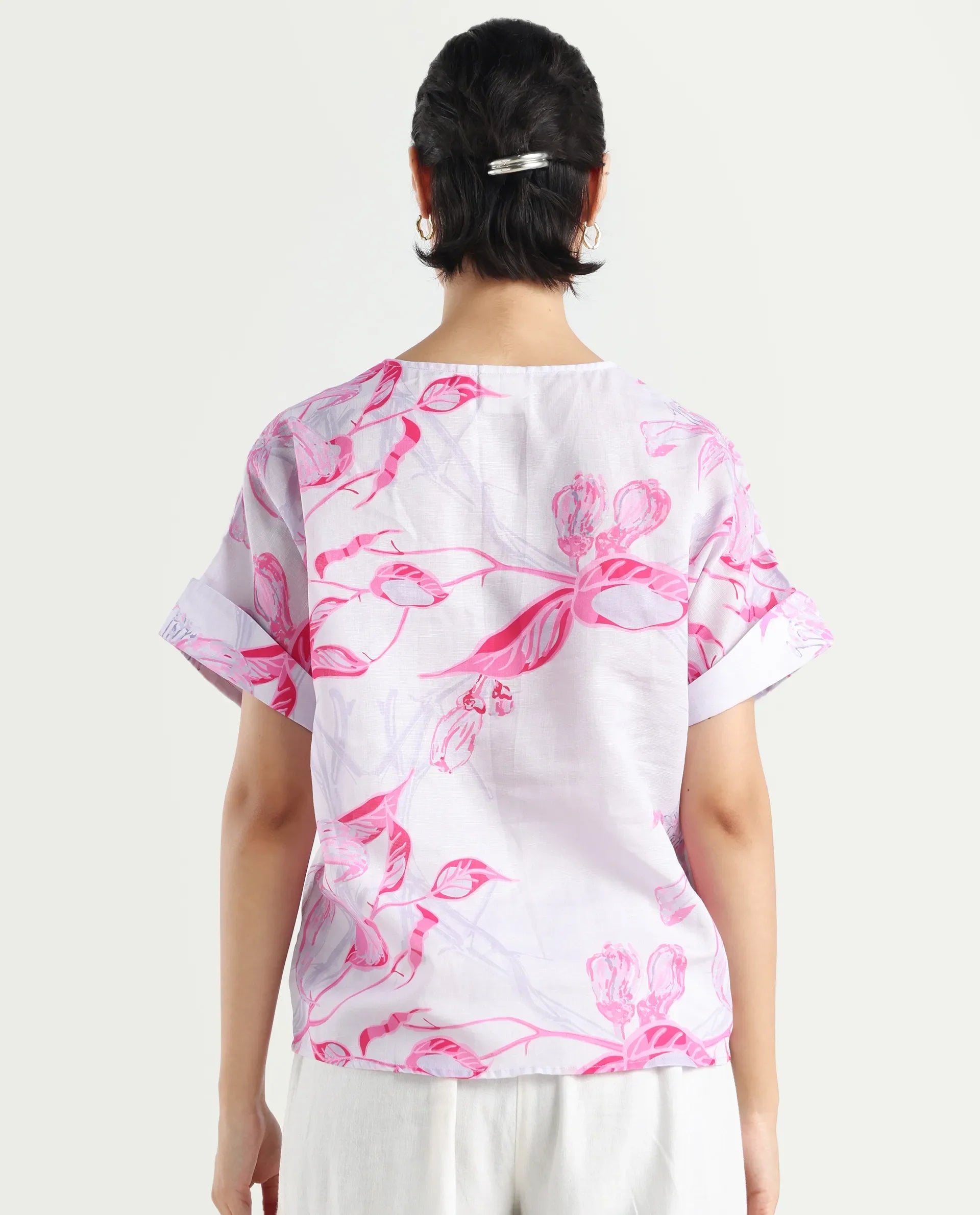 Rareism Women's Kyor Sc Dusky Purple Cotton Blend V-Neck Floral Print Extended Sleeves Regular Fit Top