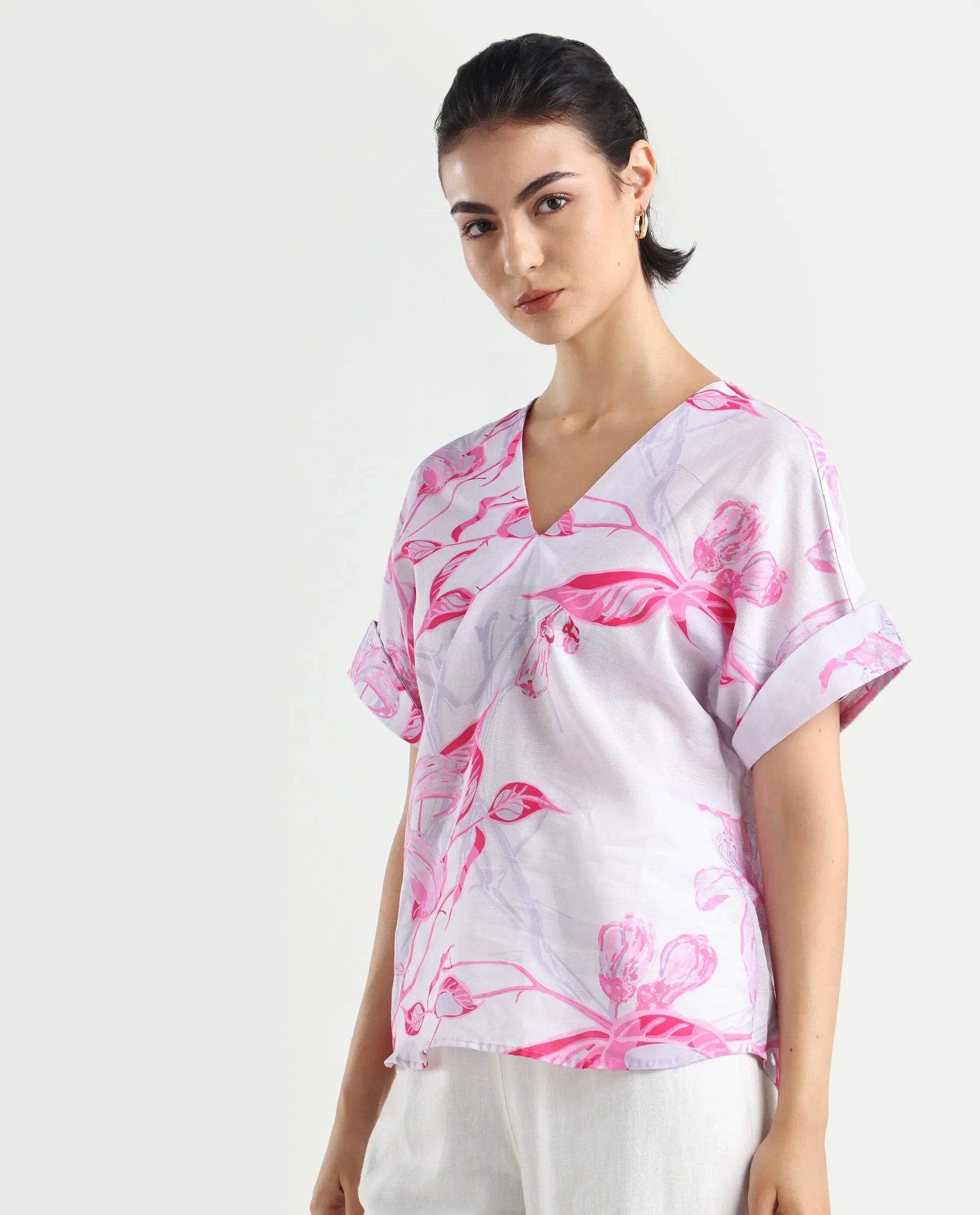 Rareism Women's Kyor Sc Dusky Purple Cotton Blend V-Neck Floral Print Extended Sleeves Regular Fit Top