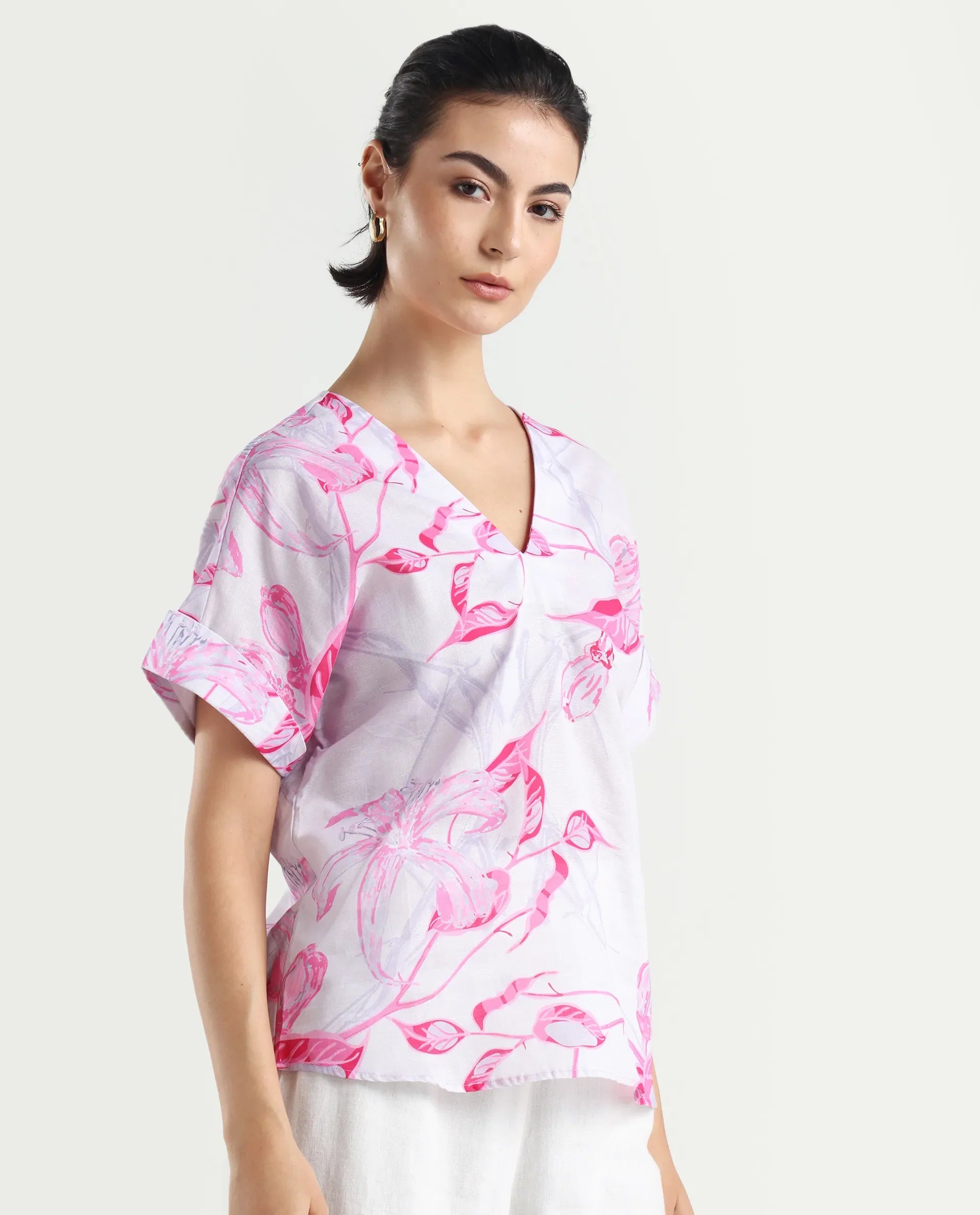 Rareism Women's Kyor Sc Dusky Purple Cotton Blend V-Neck Floral Print Extended Sleeves Regular Fit Top