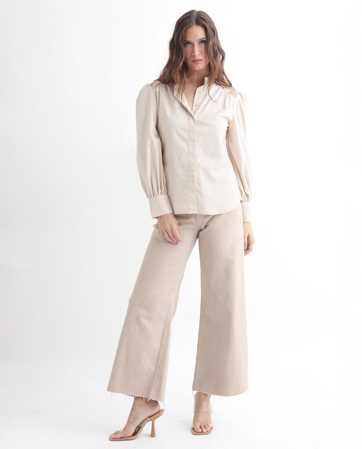 Rareism Women Laam Light Beige Cotton Blend Fabric Regular Fit Mandarin Collar Full Sleeves Solid Top