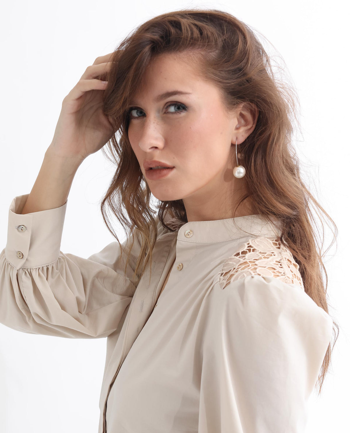 Rareism Women Laam Light Beige Cotton Blend Fabric Regular Fit Mandarin Collar Full Sleeves Solid Top