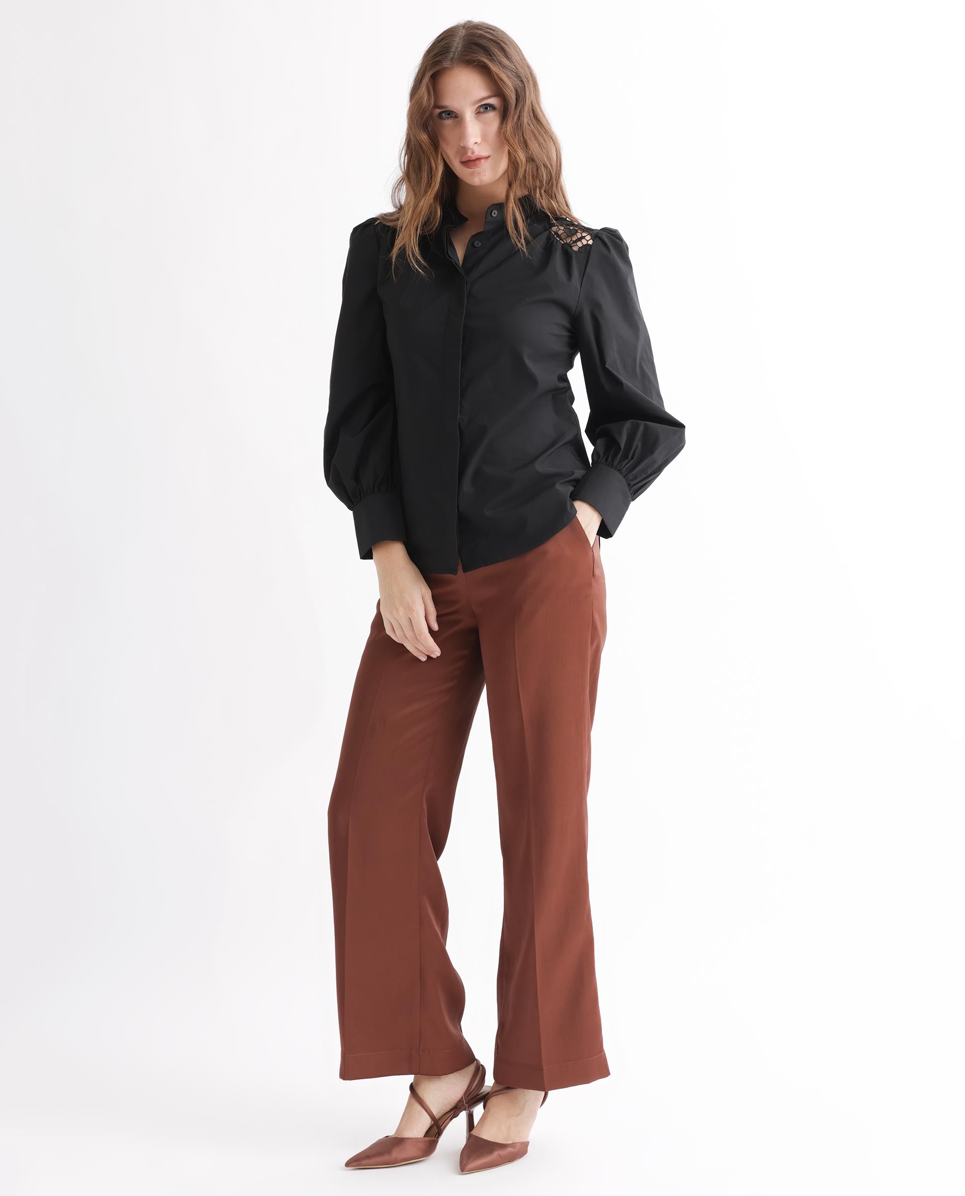 Rareism Women's Laam Black Cotton Blend Mandarin Collar Plain Balloon Sleeve Regular Fit Top