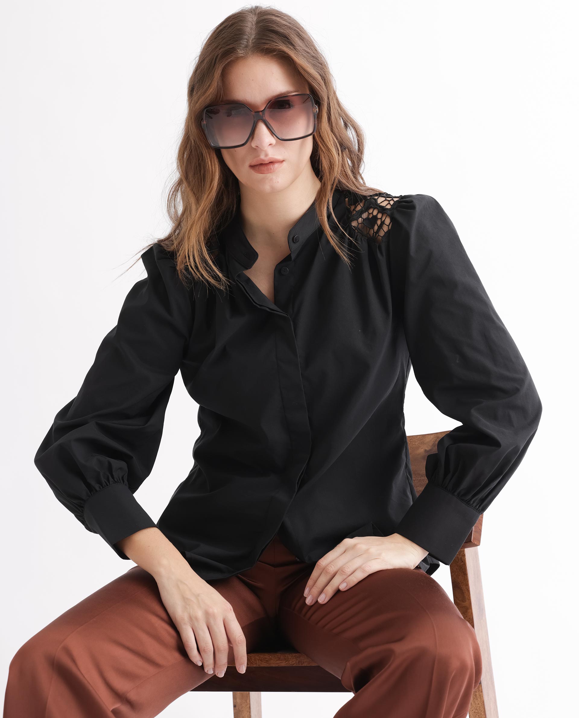 Rareism Women's Laam Black Cotton Blend Mandarin Collar Plain Balloon Sleeve Regular Fit Top
