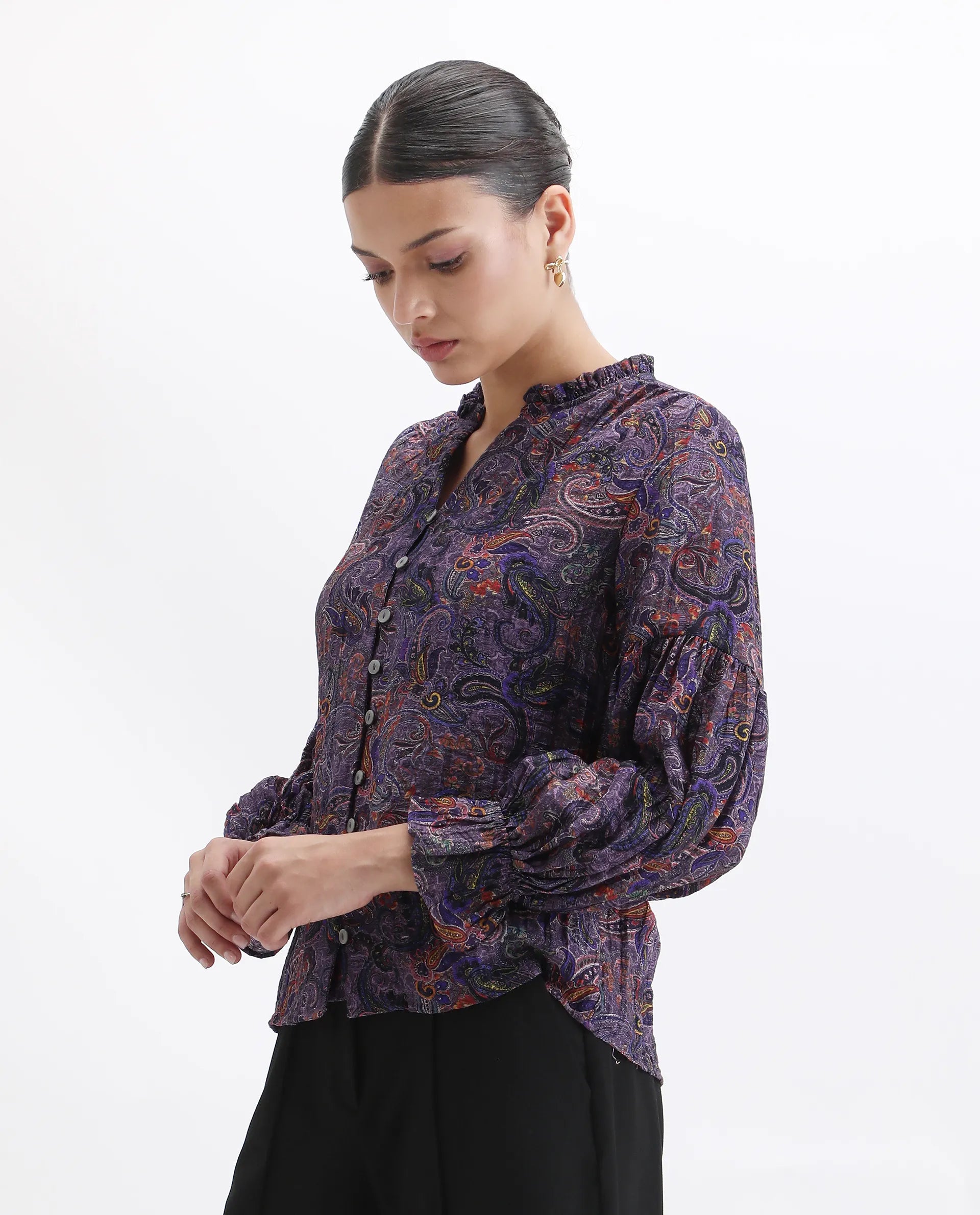 Rareism Women's Lafia Multi Viscose V-Neck Paisley Print Lantern Sleeve Regular Fit Top