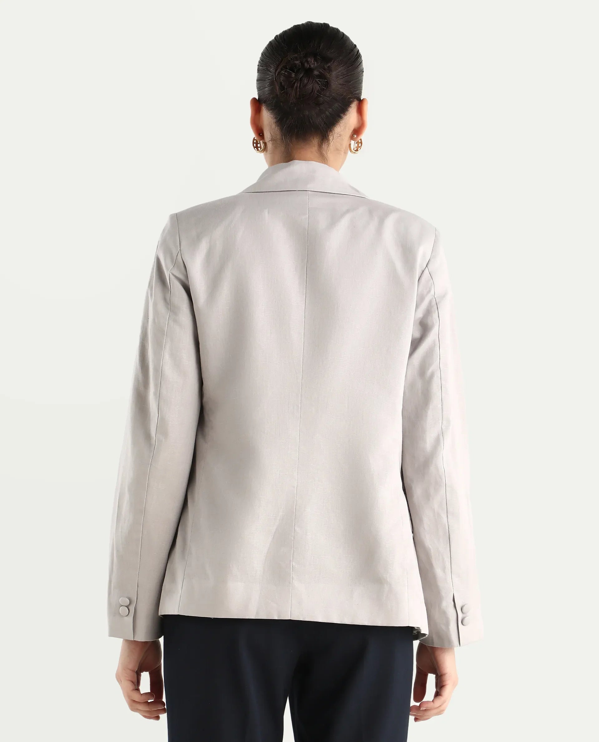 Rareism Women's Laika Grey Linen Lapel Neck Plain Regular Fit Blazer