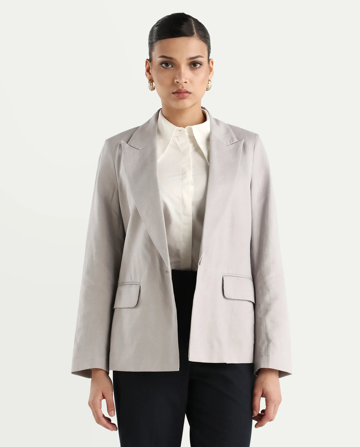 Rareism Women's Laika Grey Linen Lapel Neck Plain Regular Fit Blazer