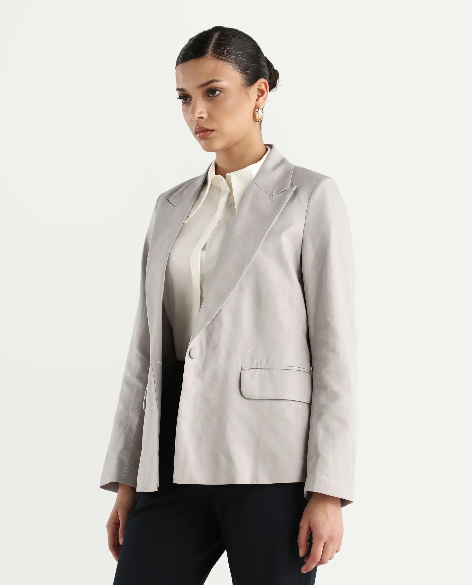 Rareism Women's Laika Grey Linen Lapel Neck Plain Regular Fit Blazer