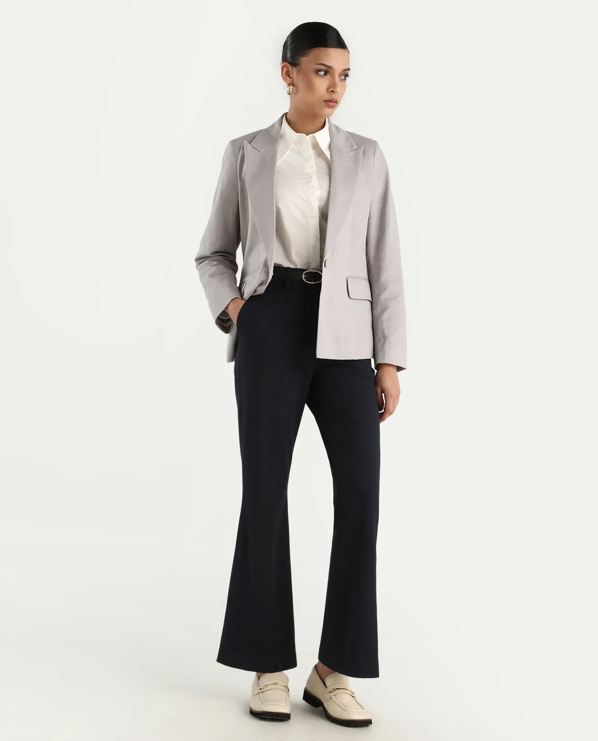 Rareism Women's Laika Grey Linen Lapel Neck Plain Regular Fit Blazer