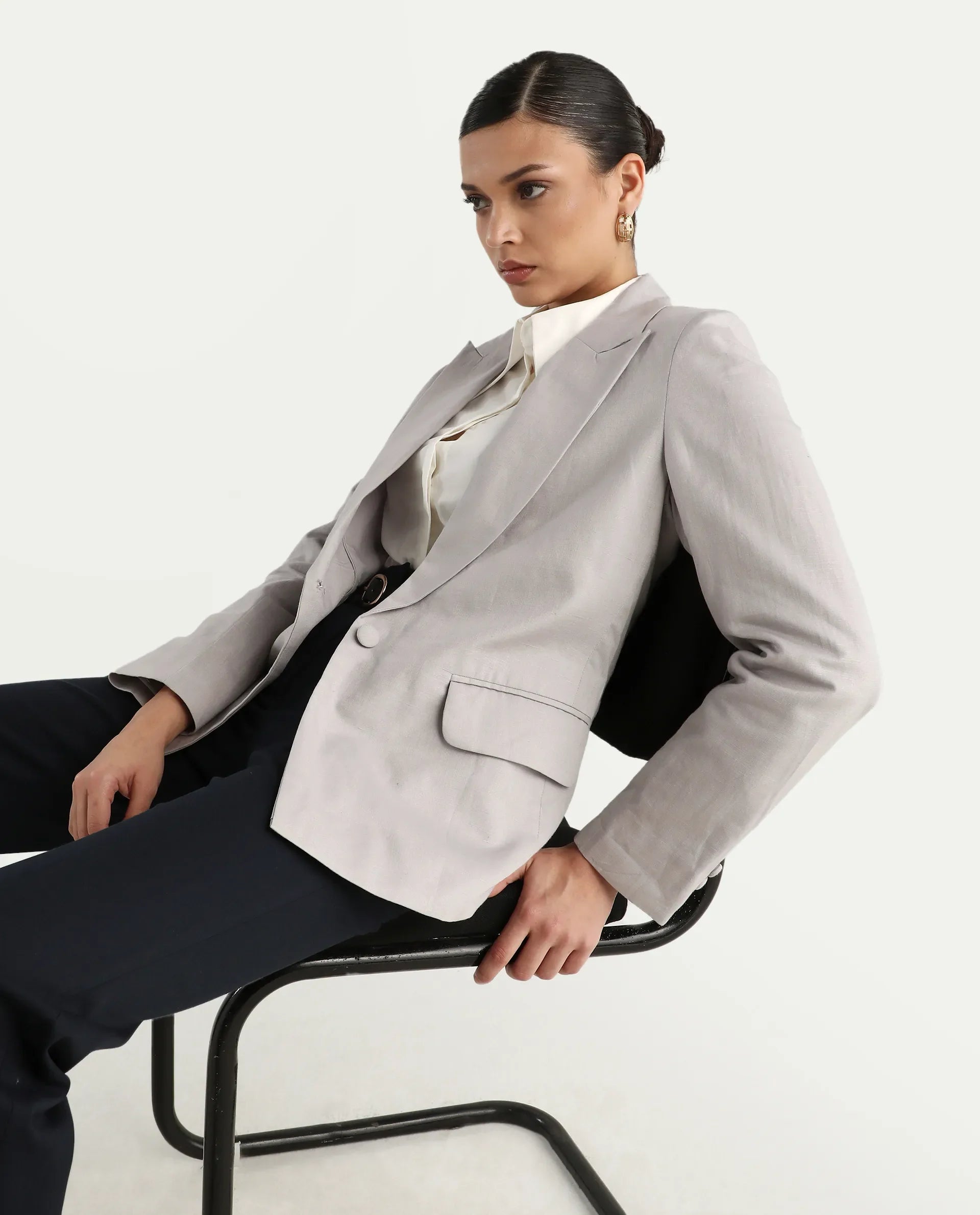 Rareism Women's Laika Grey Linen Lapel Neck Plain Regular Fit Blazer