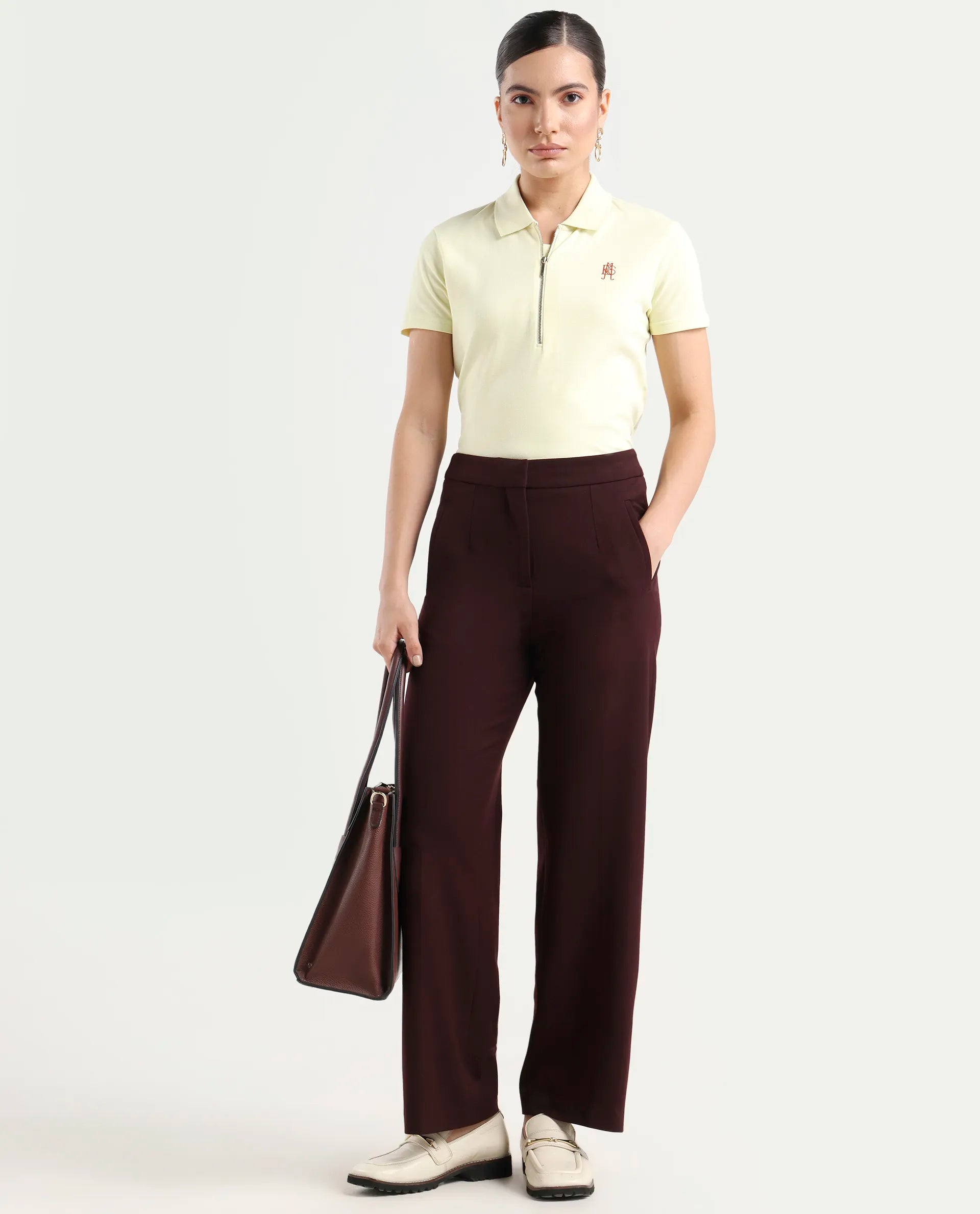 Rareism Women's Laken Pastel Green Cotton Blend Polo Neck Plain Regular Fit Polo