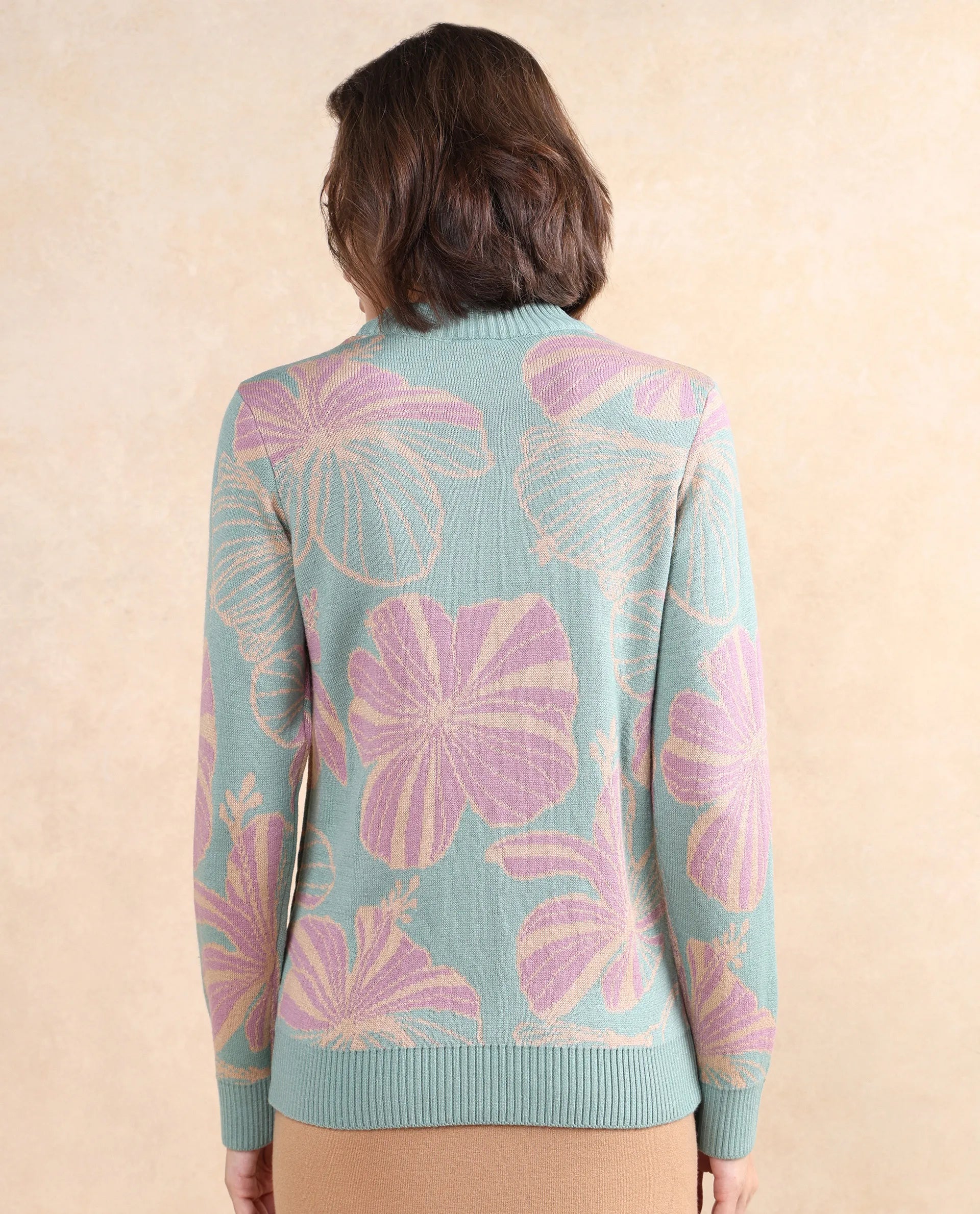 Rareism Women's Lakent Light Blue Acrylic Crew Neck Jacquard Regular Fit Sweater