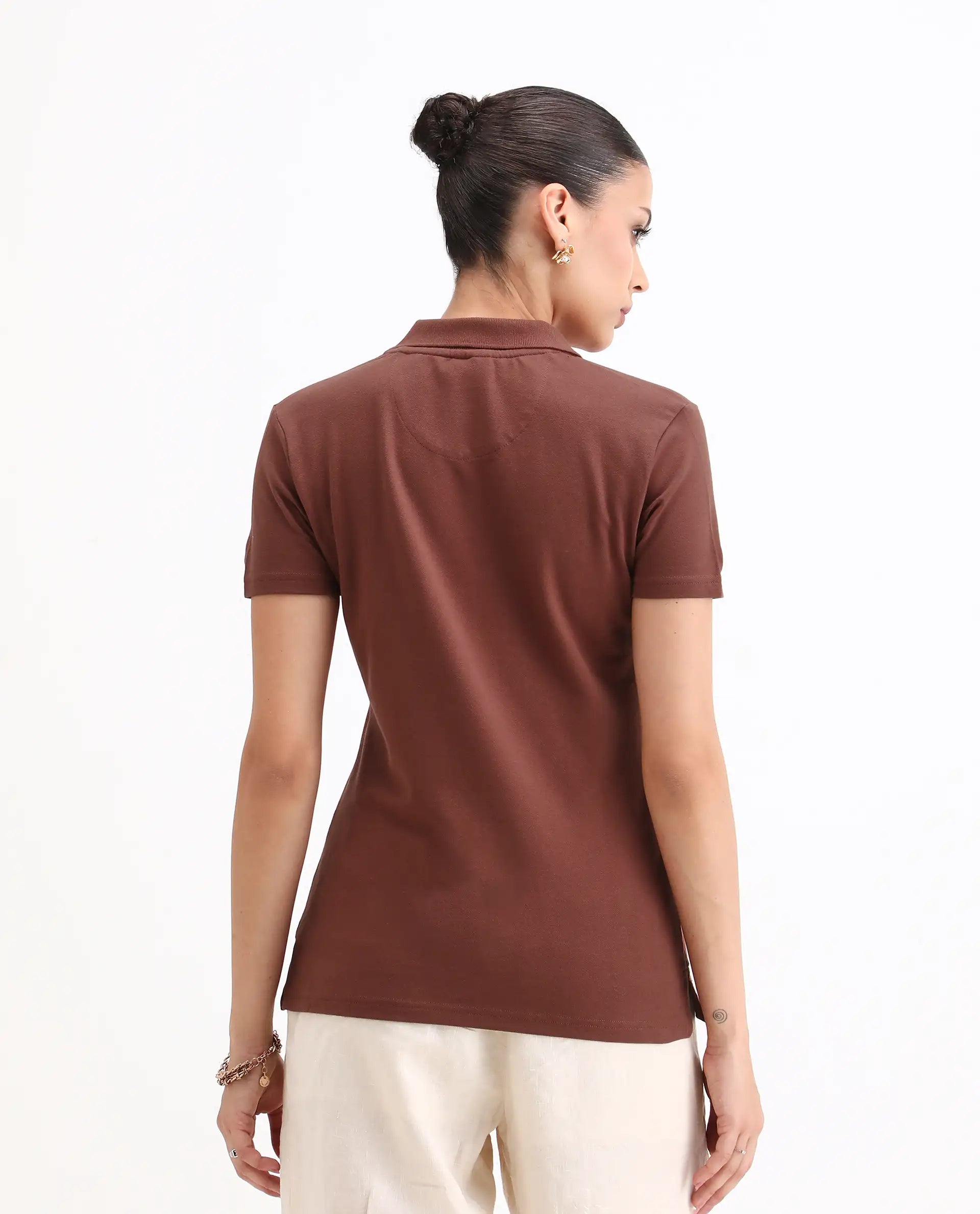 Rareism Women's Laken Brown Cotton Blend Polo Neck Plain Regular Fit Polo