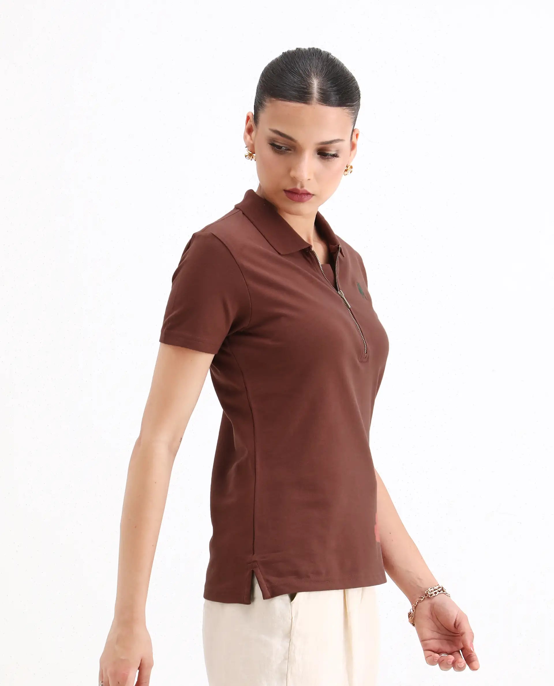 Rareism Women's Laken Brown Cotton Blend Polo Neck Plain Regular Fit Polo
