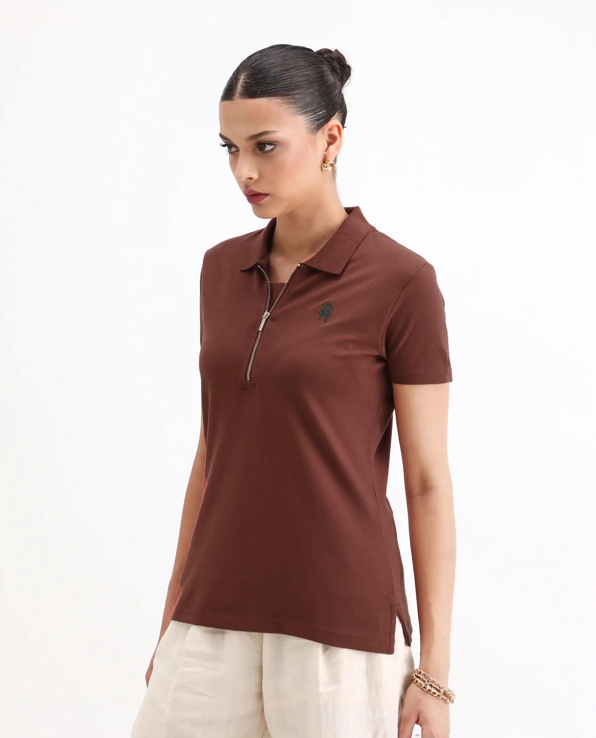 Rareism Women's Laken Brown Cotton Blend Polo Neck Plain Regular Fit Polo