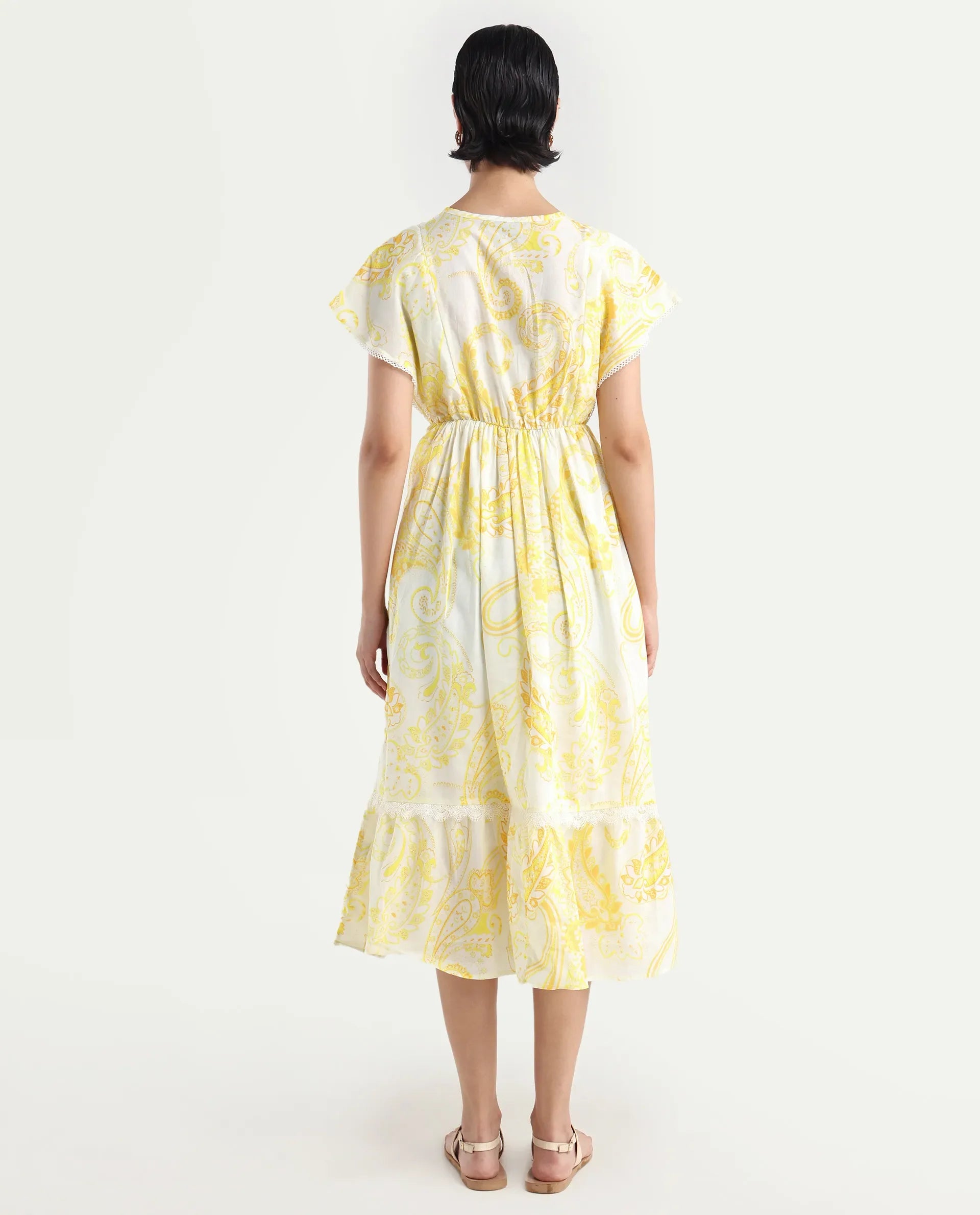 Rareism Women's Lammer Light Yellow Cotton Tie-Up Neck Paisley Print Extended Sleeves Maxi Relaxed Fit Dress