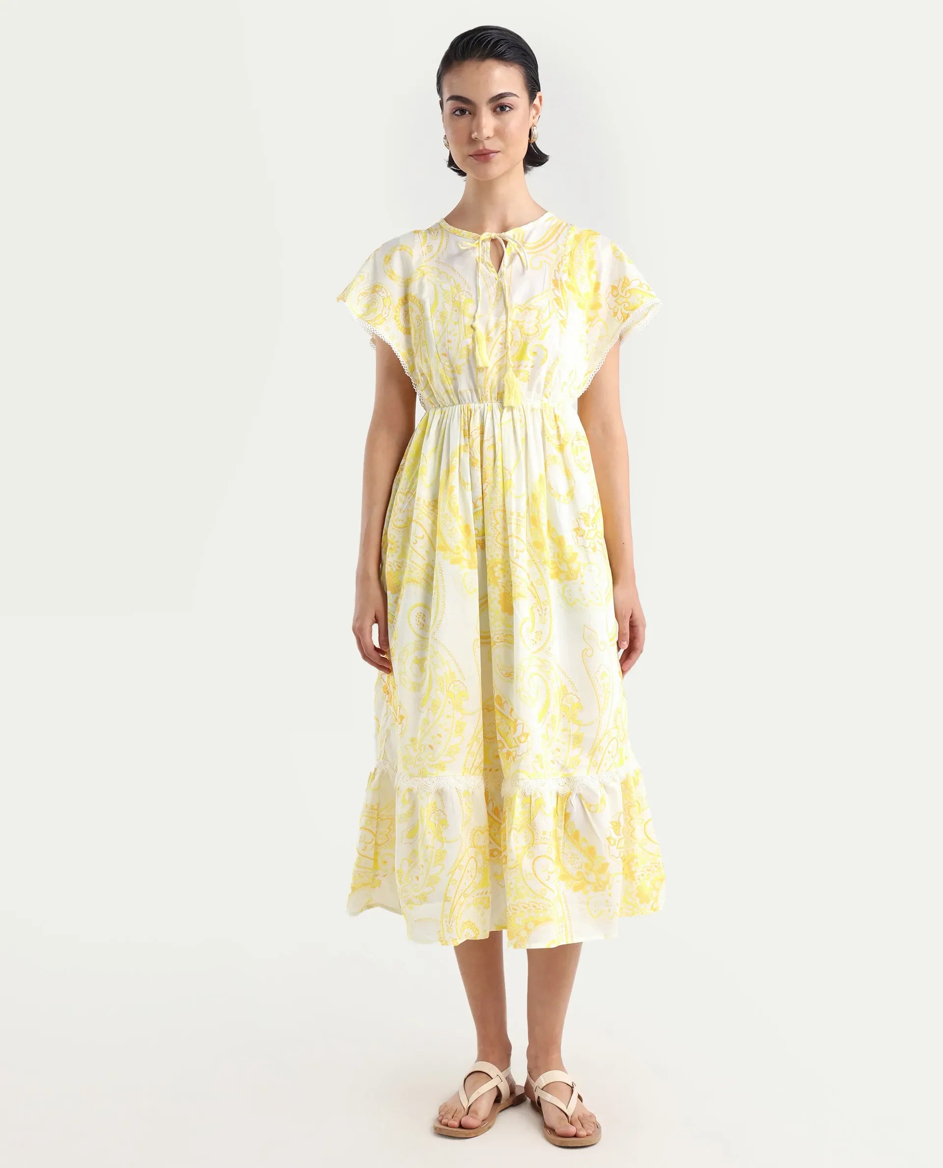 Rareism Women's Lammer Light Yellow Cotton Tie-Up Neck Paisley Print Extended Sleeves Maxi Relaxed Fit Dress