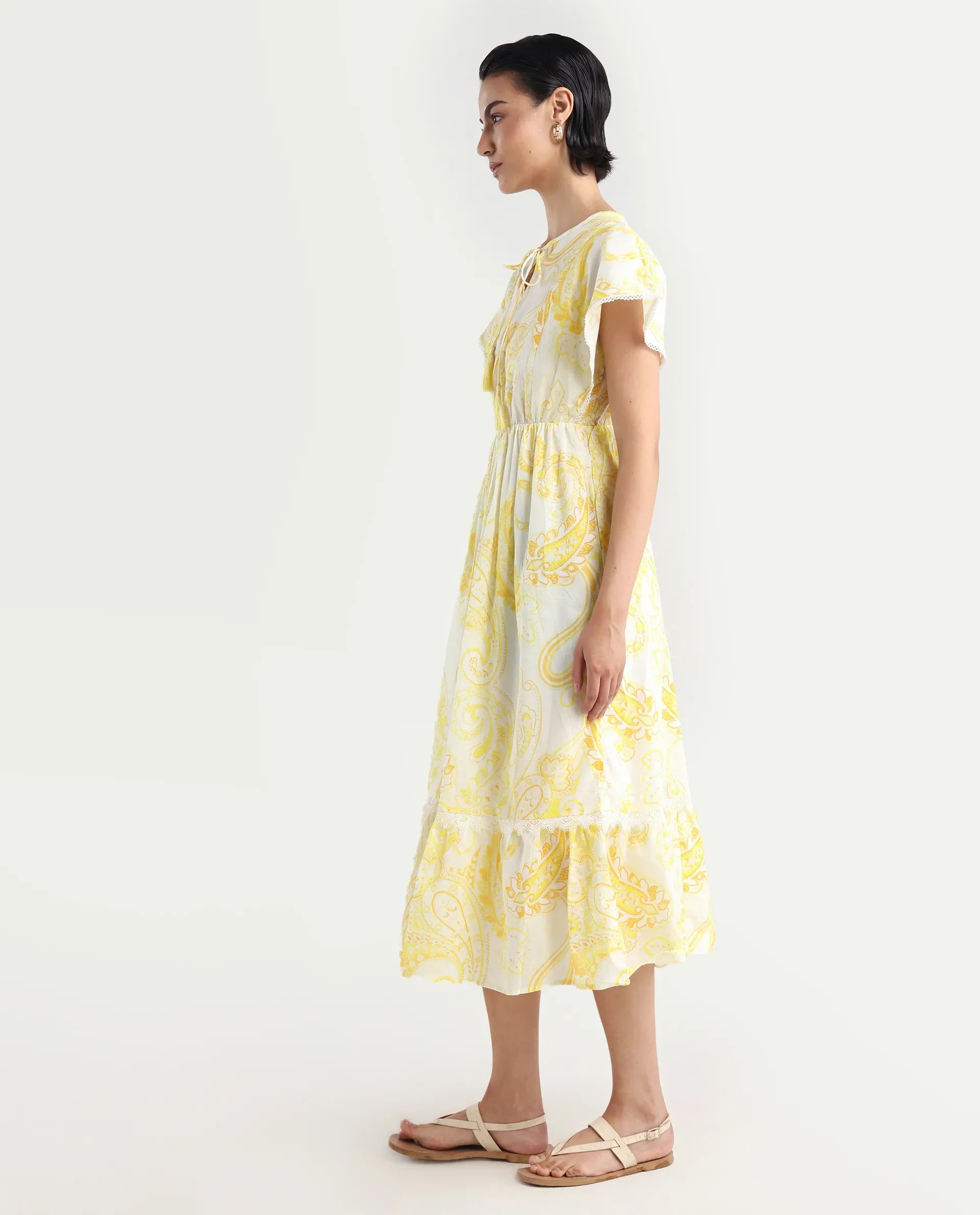 Rareism Women's Lammer Light Yellow Cotton Tie-Up Neck Paisley Print Extended Sleeves Maxi Relaxed Fit Dress