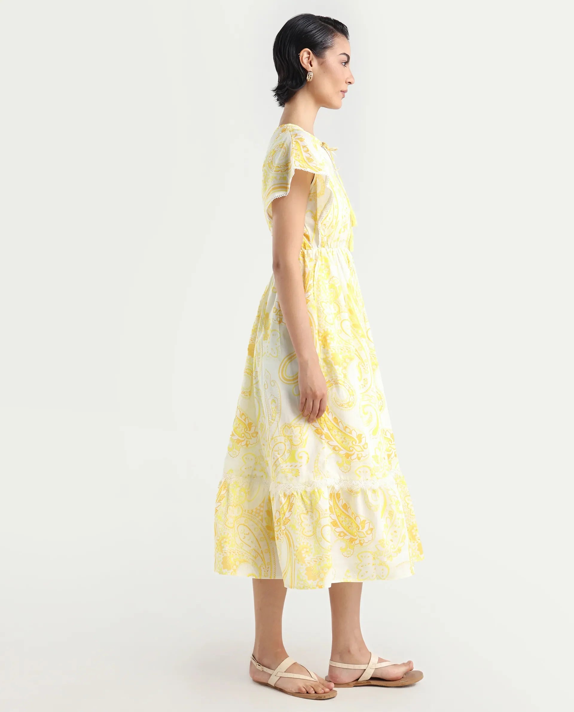 Rareism Women's Lammer Light Yellow Cotton Tie-Up Neck Paisley Print Extended Sleeves Maxi Relaxed Fit Dress