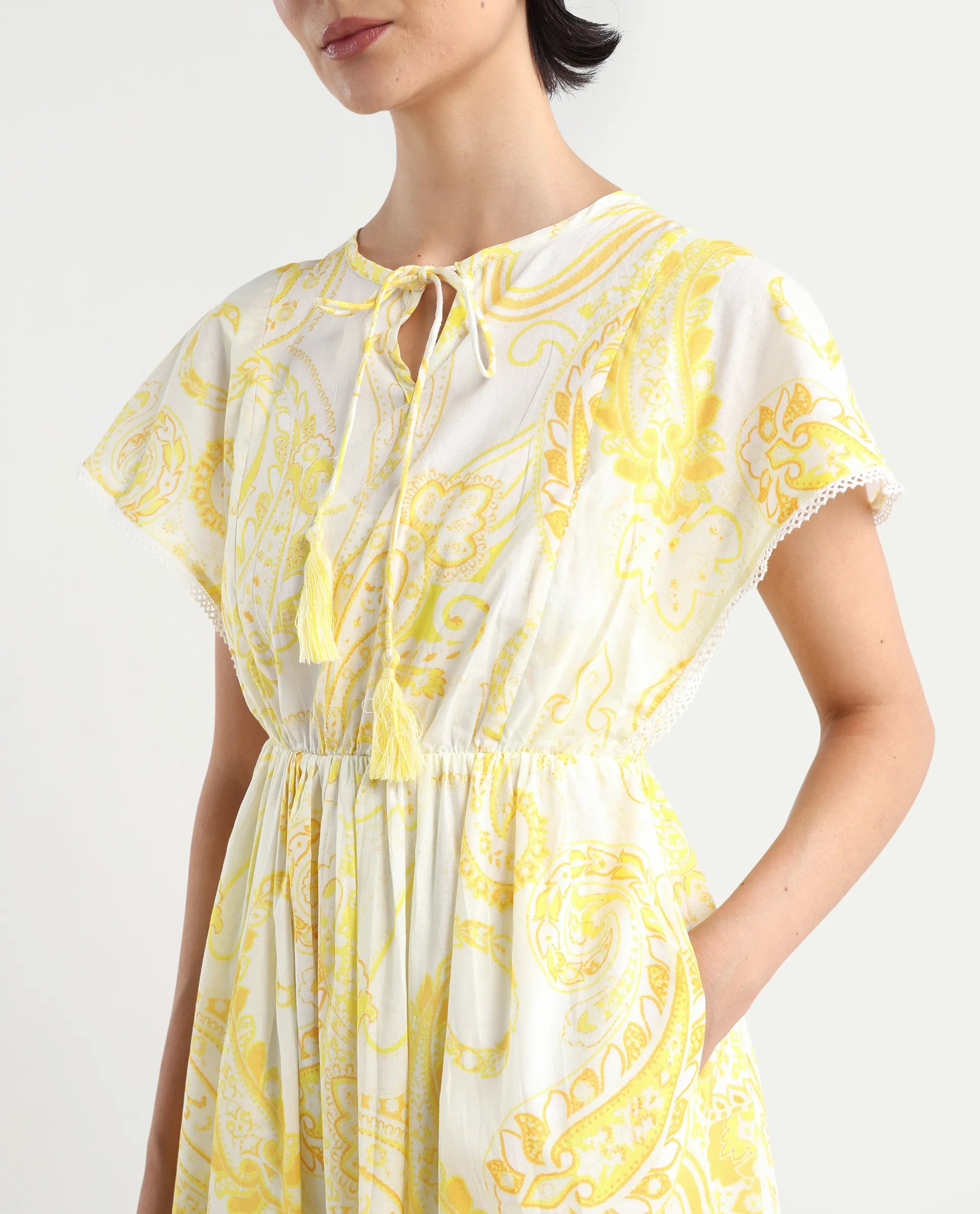 Rareism Women's Lammer Light Yellow Cotton Tie-Up Neck Paisley Print Extended Sleeves Maxi Relaxed Fit Dress