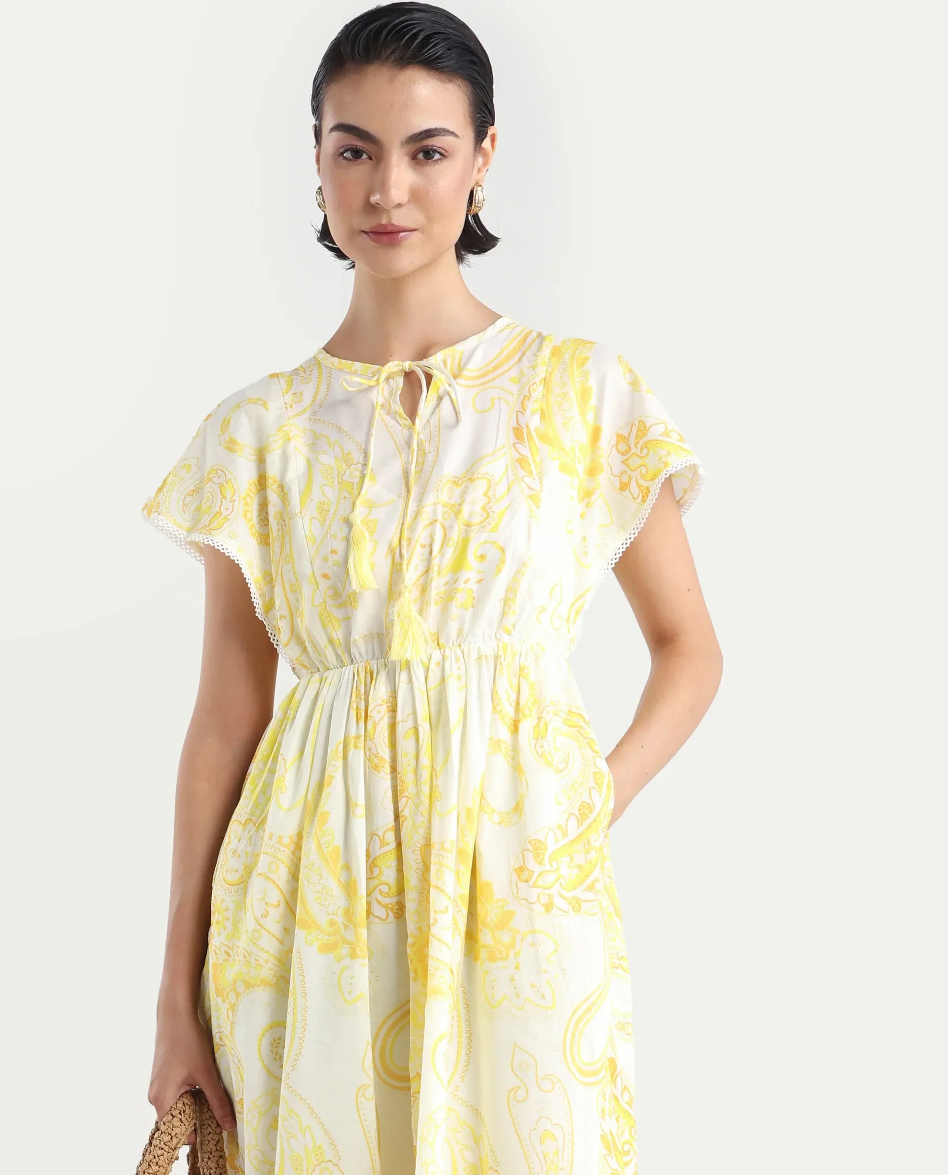 Rareism Women's Lammer Light Yellow Cotton Tie-Up Neck Paisley Print Extended Sleeves Maxi Relaxed Fit Dress