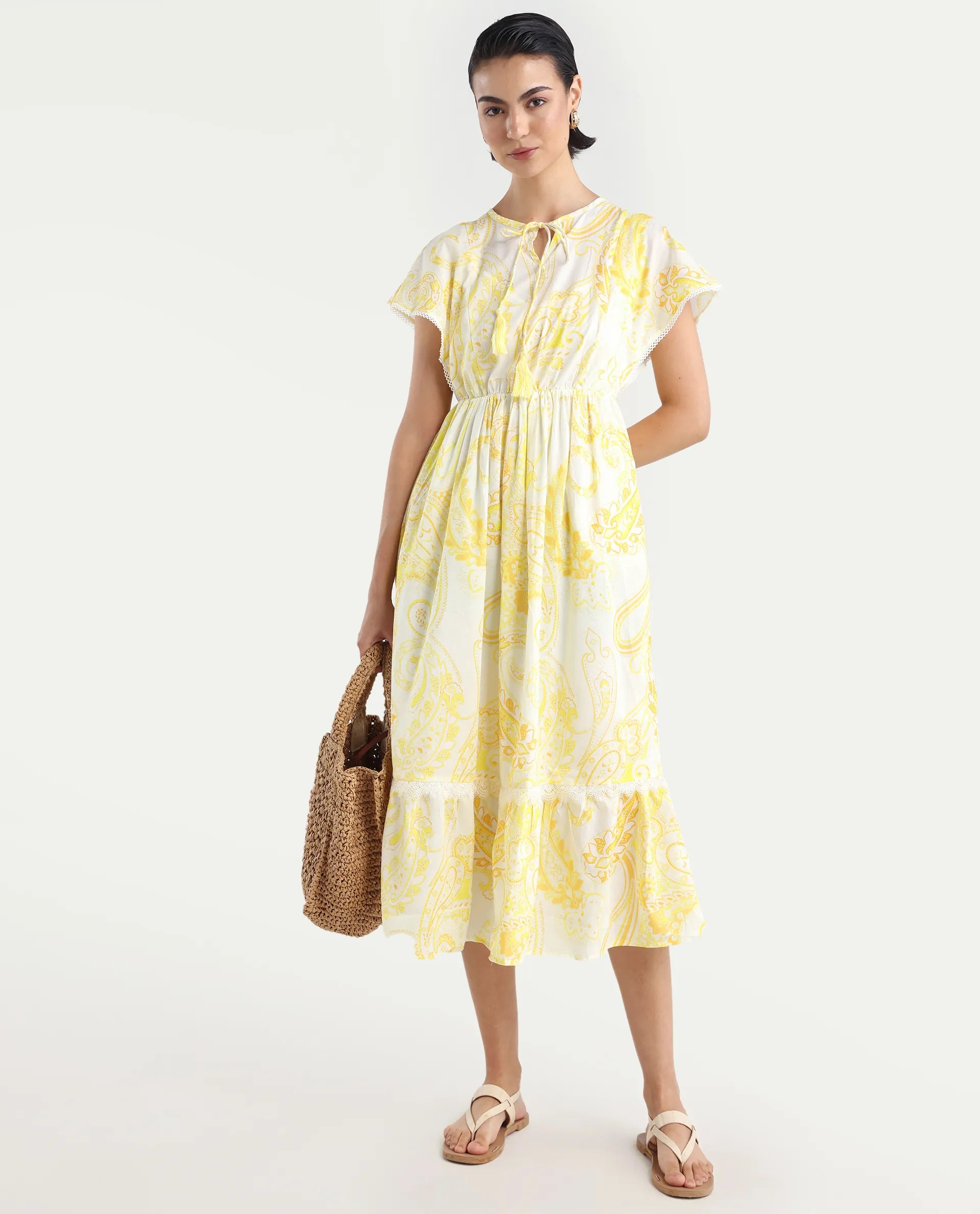 Rareism Women's Lammer Light Yellow Cotton Tie-Up Neck Paisley Print Extended Sleeves Maxi Relaxed Fit Dress