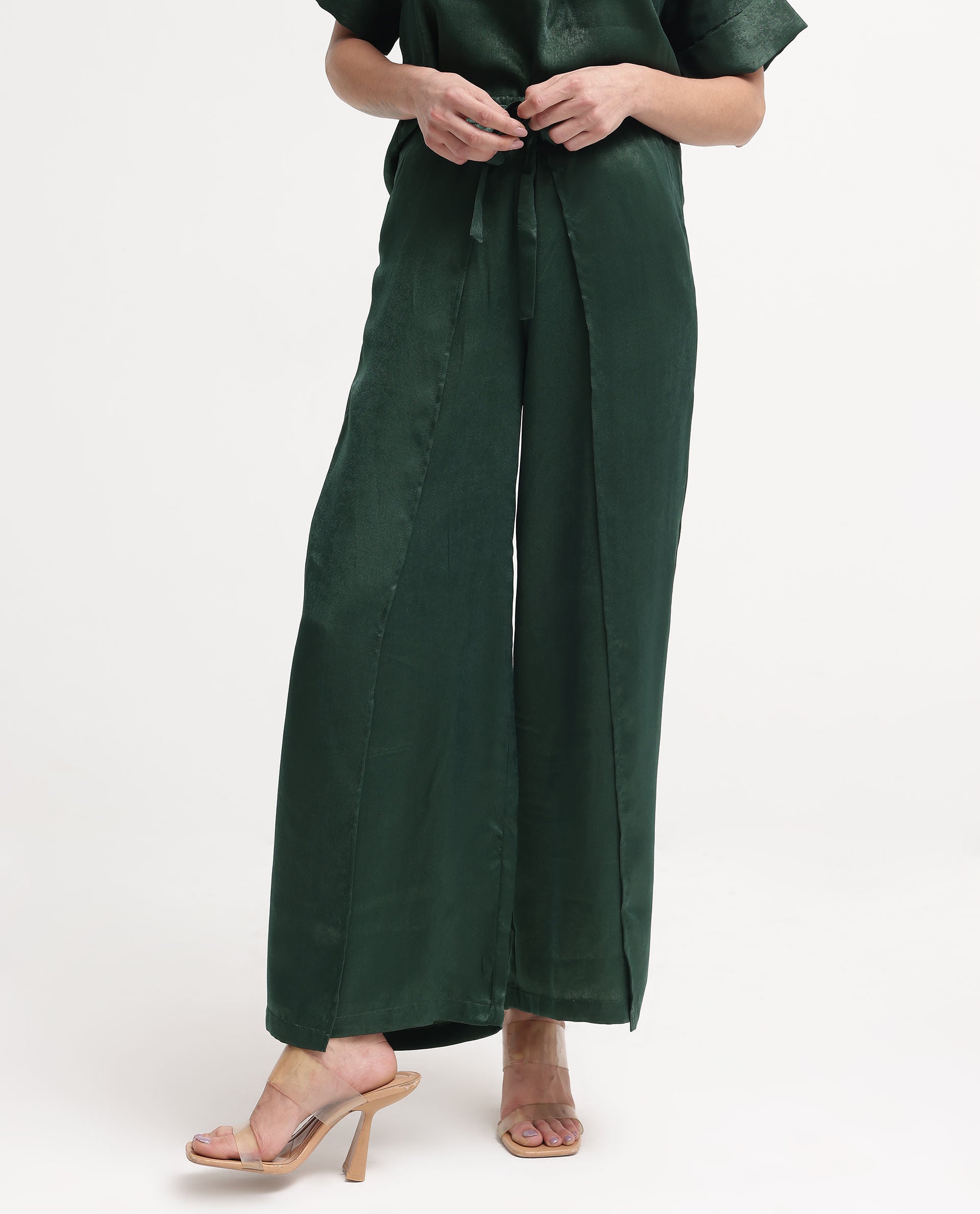 Rareism Women's Lamona-B Dark Green Polyester Plain Ankle Length Wide Trouser